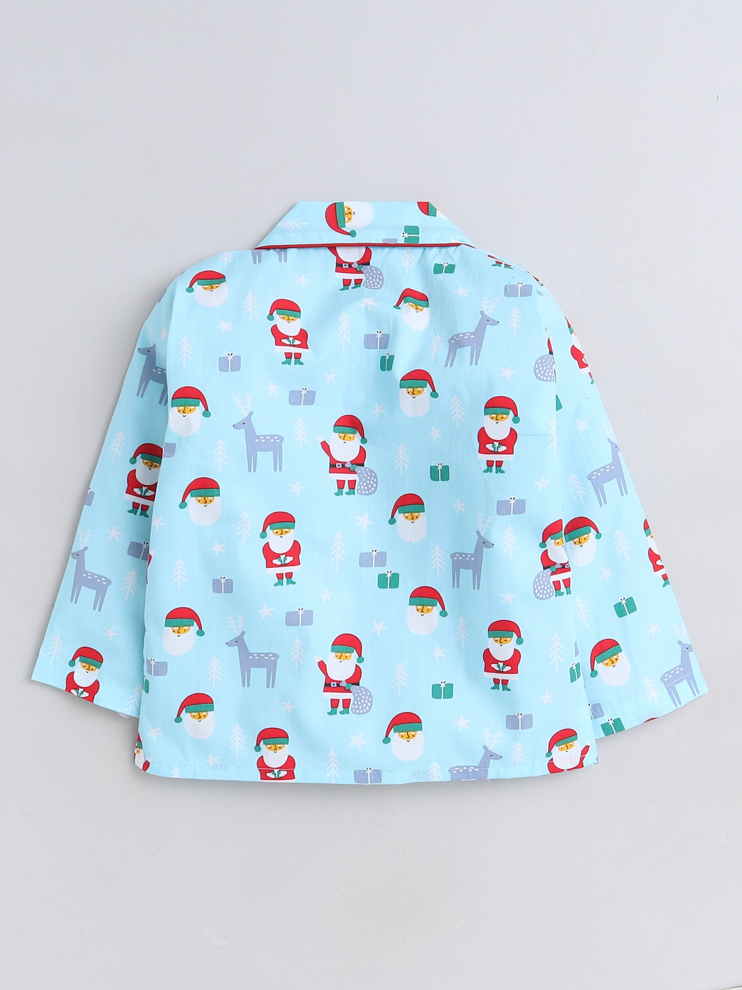 Xmas Santas Printed Full Sleeves Lounge Wear Night Suit Set For Kids Blue