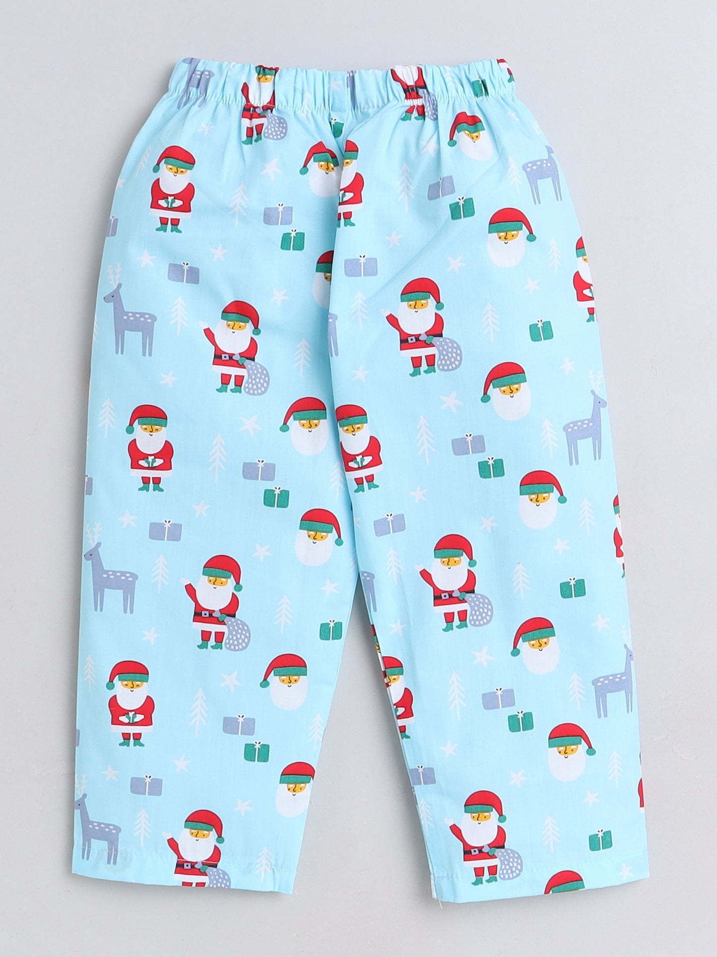 Xmas Santas Printed Full Sleeves Lounge Wear Night Suit Set For Kids Blue