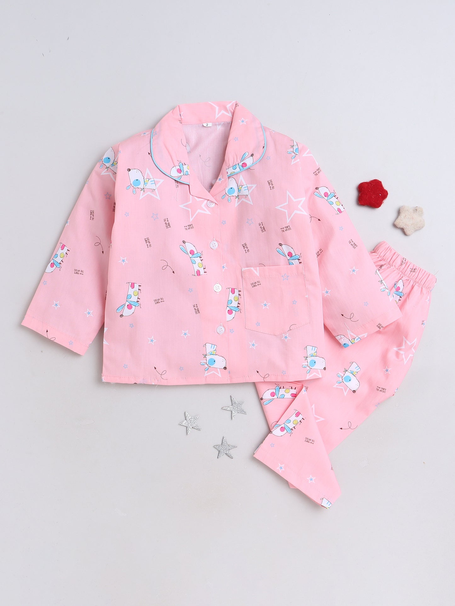 Cute Dog Printed Full Sleeves Lounge Wear Night Suit Set For Kids Pink