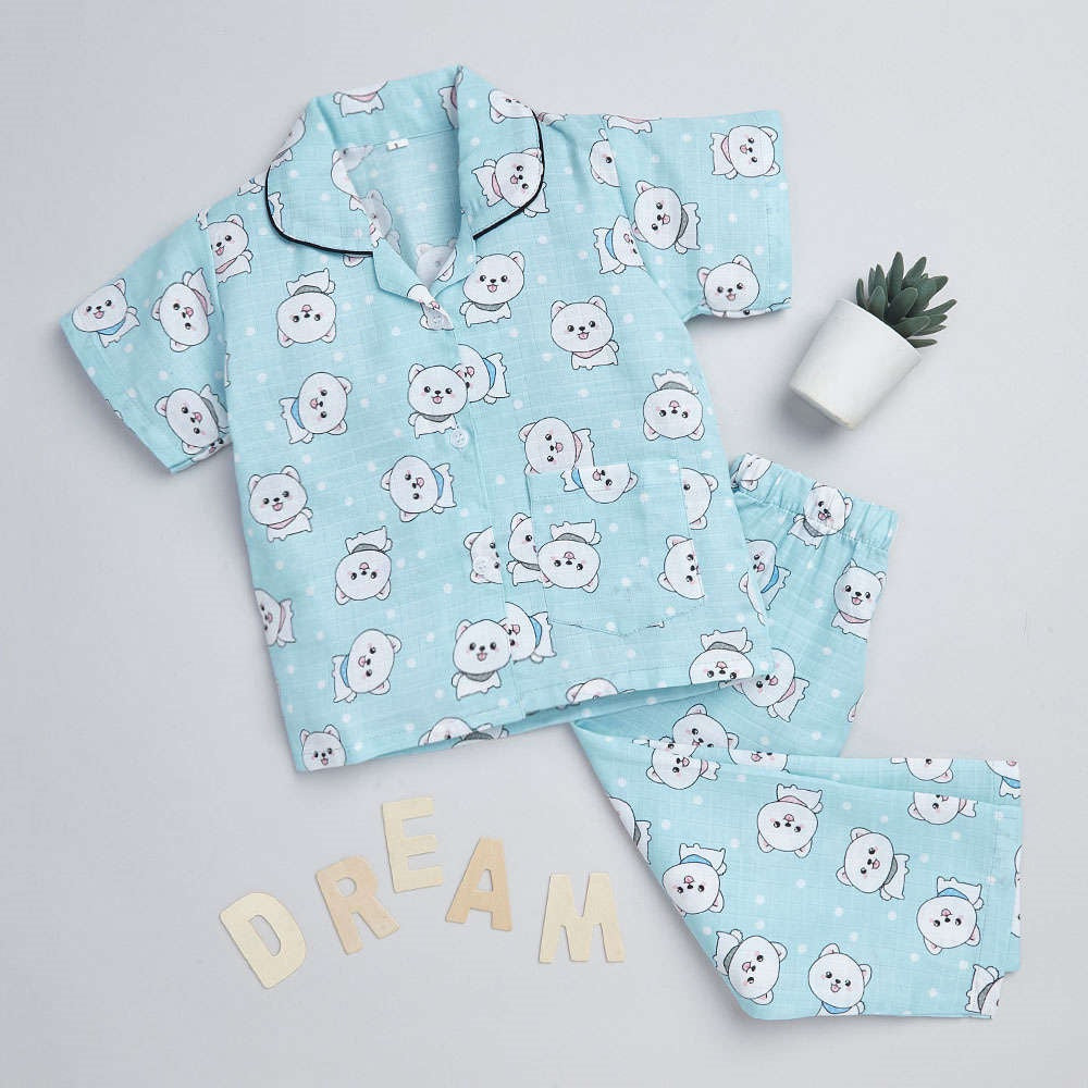 Cute Cat Printed Half Sleeves Top and Shorts Set Night Suit Set For Kids Blue