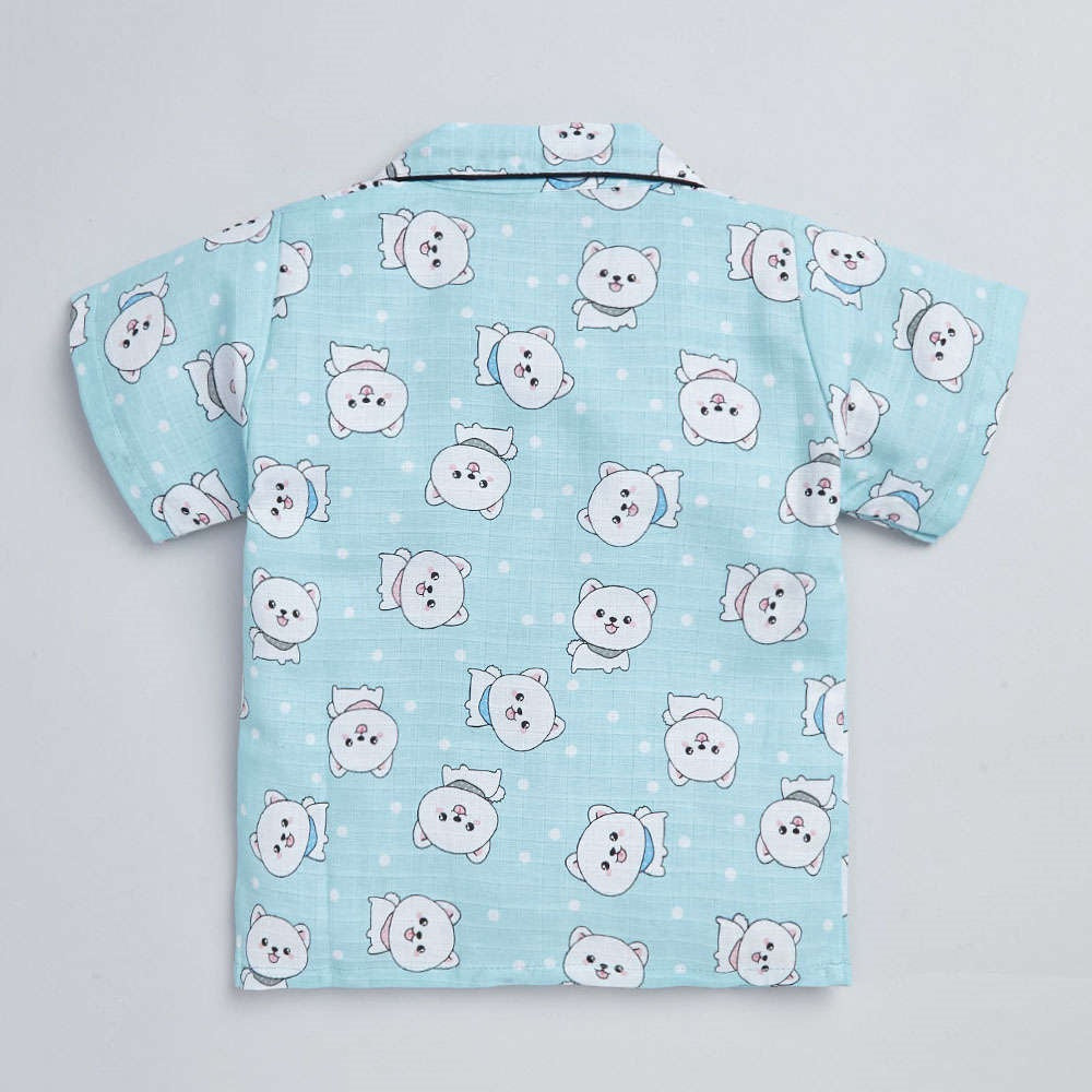 Cute Cat Printed Half Sleeves Top and Shorts Set Night Suit Set For Kids Blue