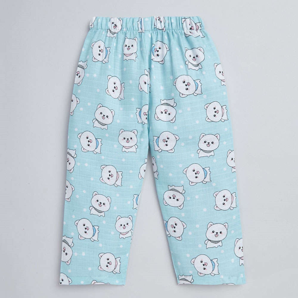 Cute Cat Printed Half Sleeves Top and Shorts Set Night Suit Set For Kids Blue