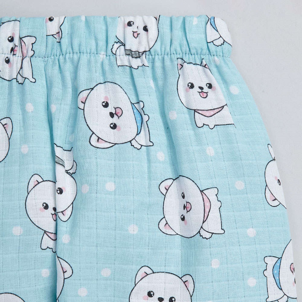Cute Cat Printed Half Sleeves Top and Shorts Set Night Suit Set For Kids Blue