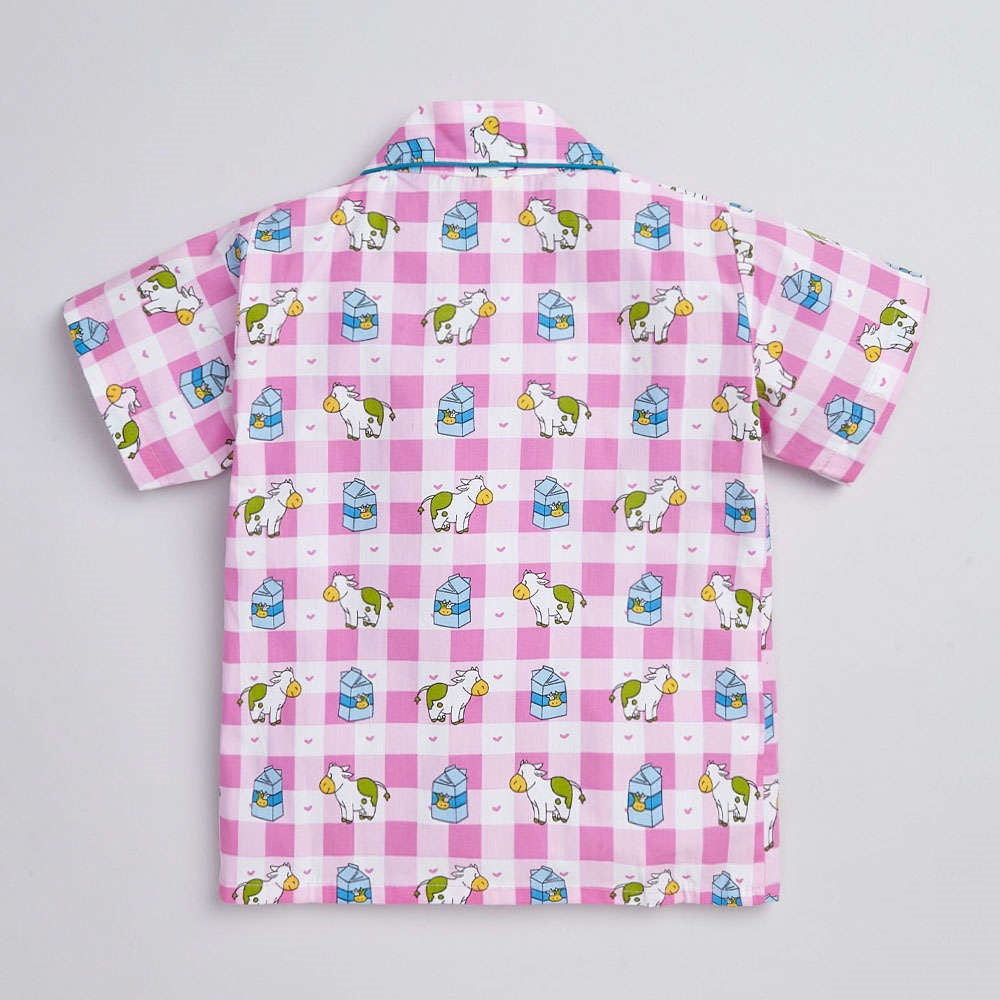 Cow Printed Half Sleeves Top and Shorts Set Night Suit Set For Kids Pink