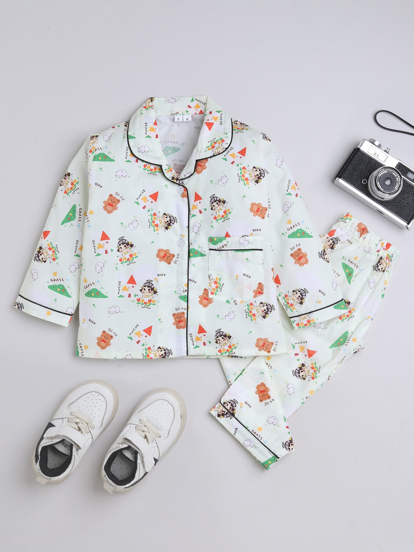 3/4 Sleeves Teddy Printed Night Suit Set Green