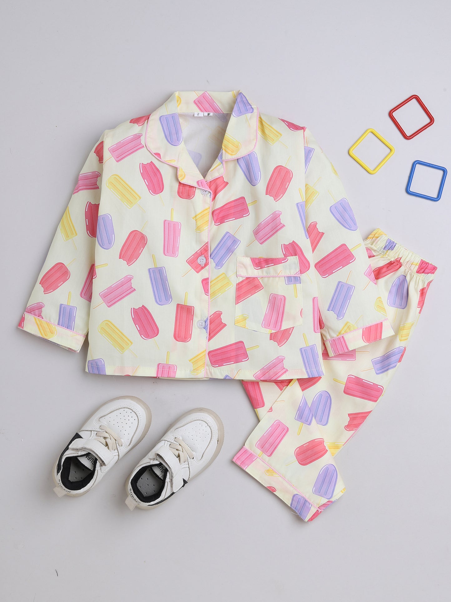 3/4 Sleeves Candy Printed Night Suit Set Off White