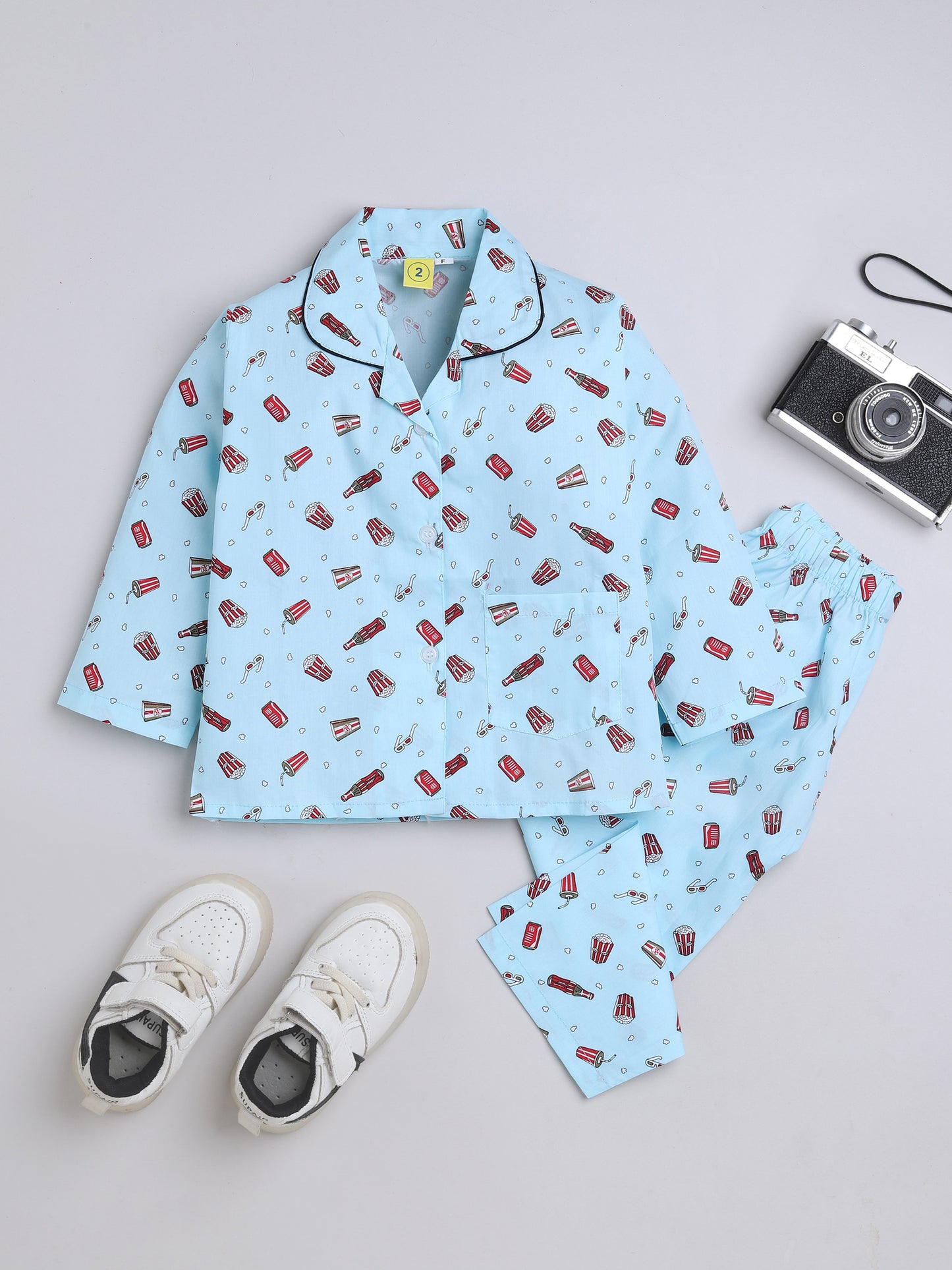 3/4 Sleeves Popcorn Print Night Suit Set Blue
