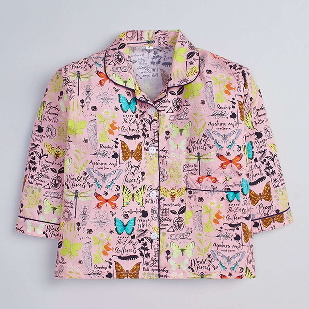 The Magic Wand Cotton Woven Full Sleeves Butterfly Printed Coordinating Night Suit Set -Peach