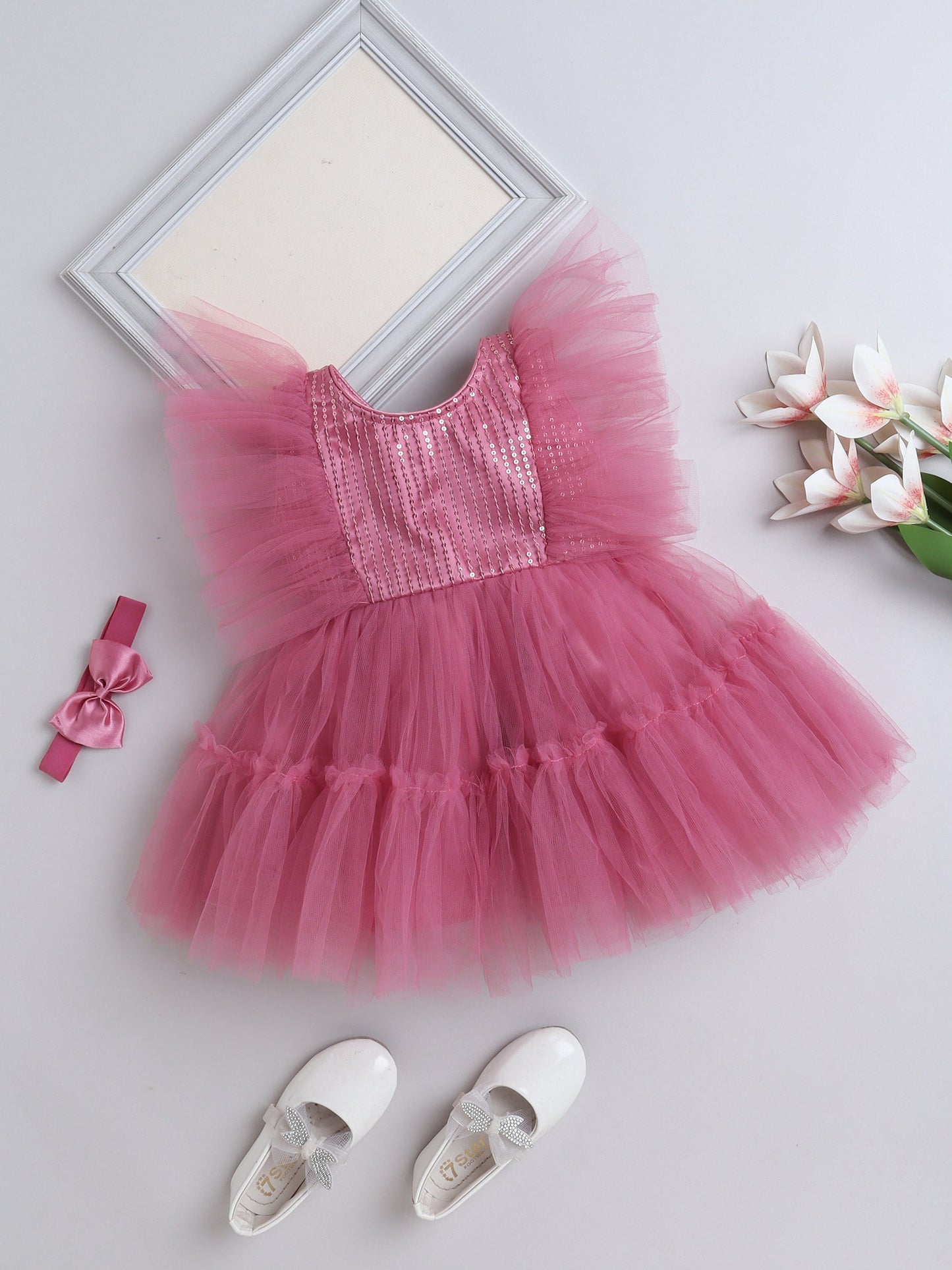 The Magic Wand Flutter Sleeves Shimmer Party Dress Onion Pink