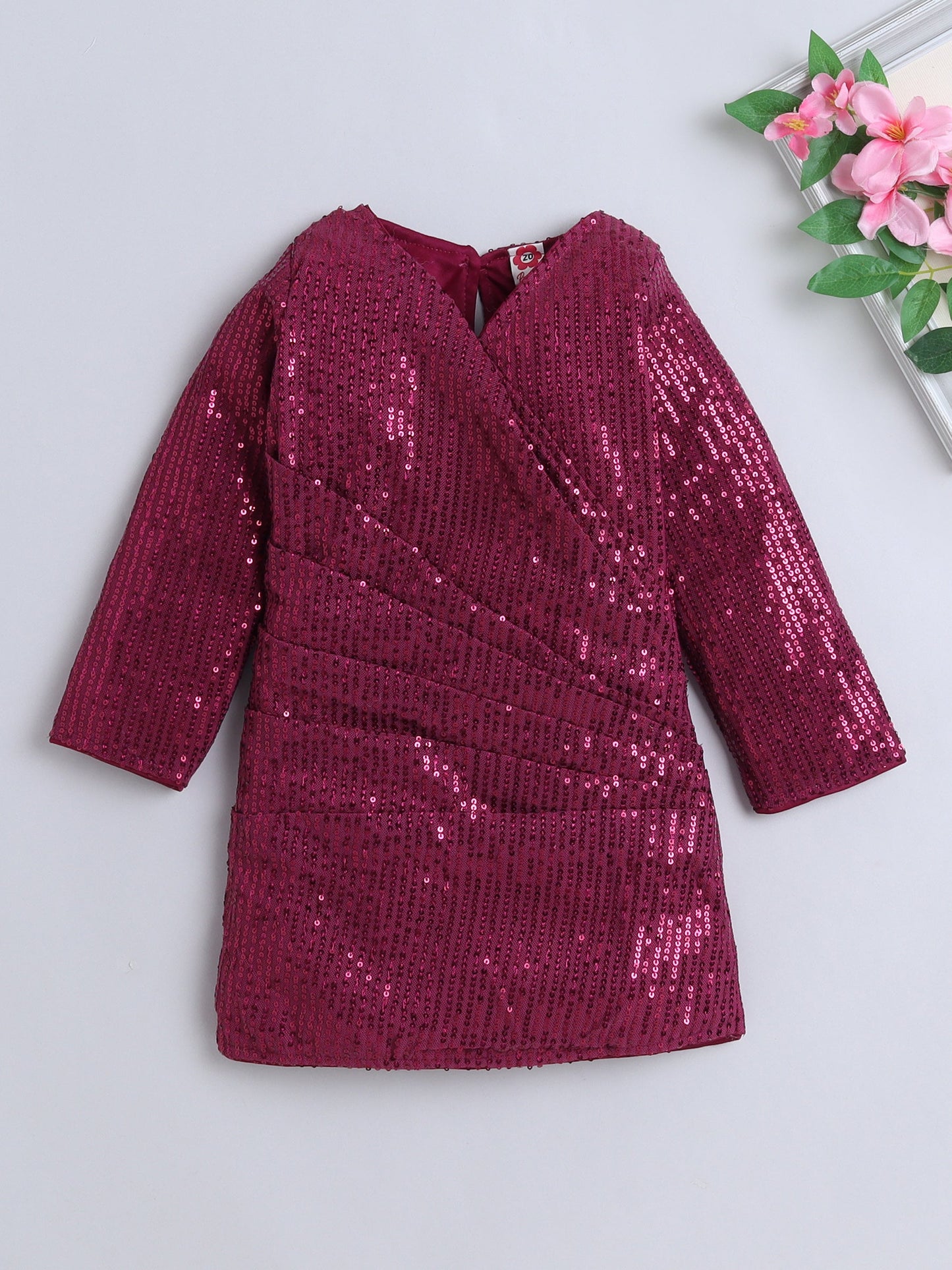 Three Fourth Sleeves Sequins Embellished Dress - Wine