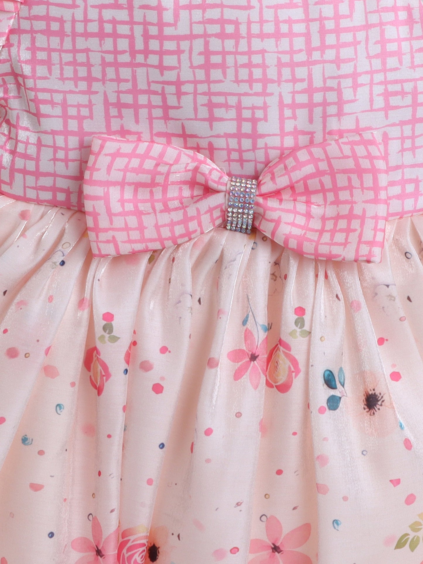 One Shoulder Bow Applique Floral Printed Dress - Peach