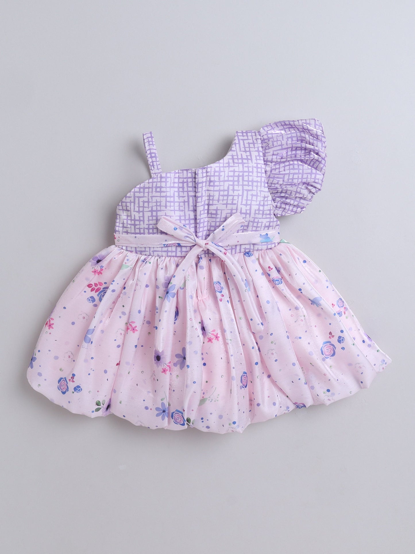 One Shoulder Bow Applique Floral Printed Dress - Purple