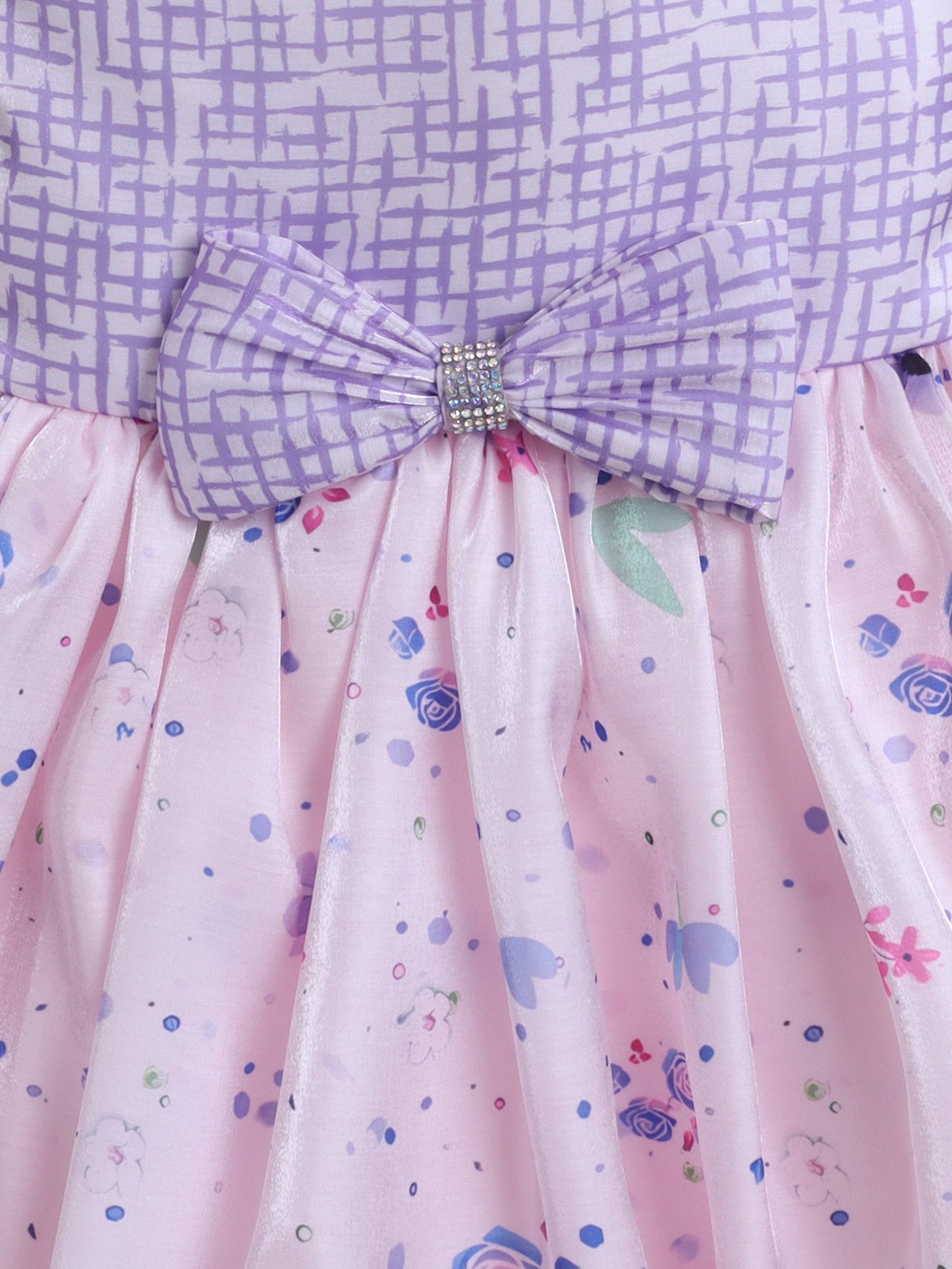 One Shoulder Bow Applique Floral Printed Dress - Purple