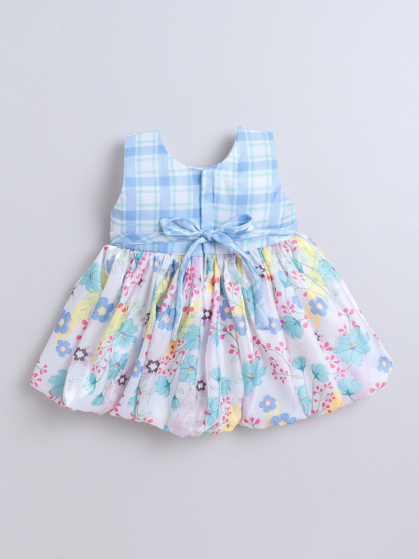 Sleeveless Bow Applique Floral Printed Dress - Blue