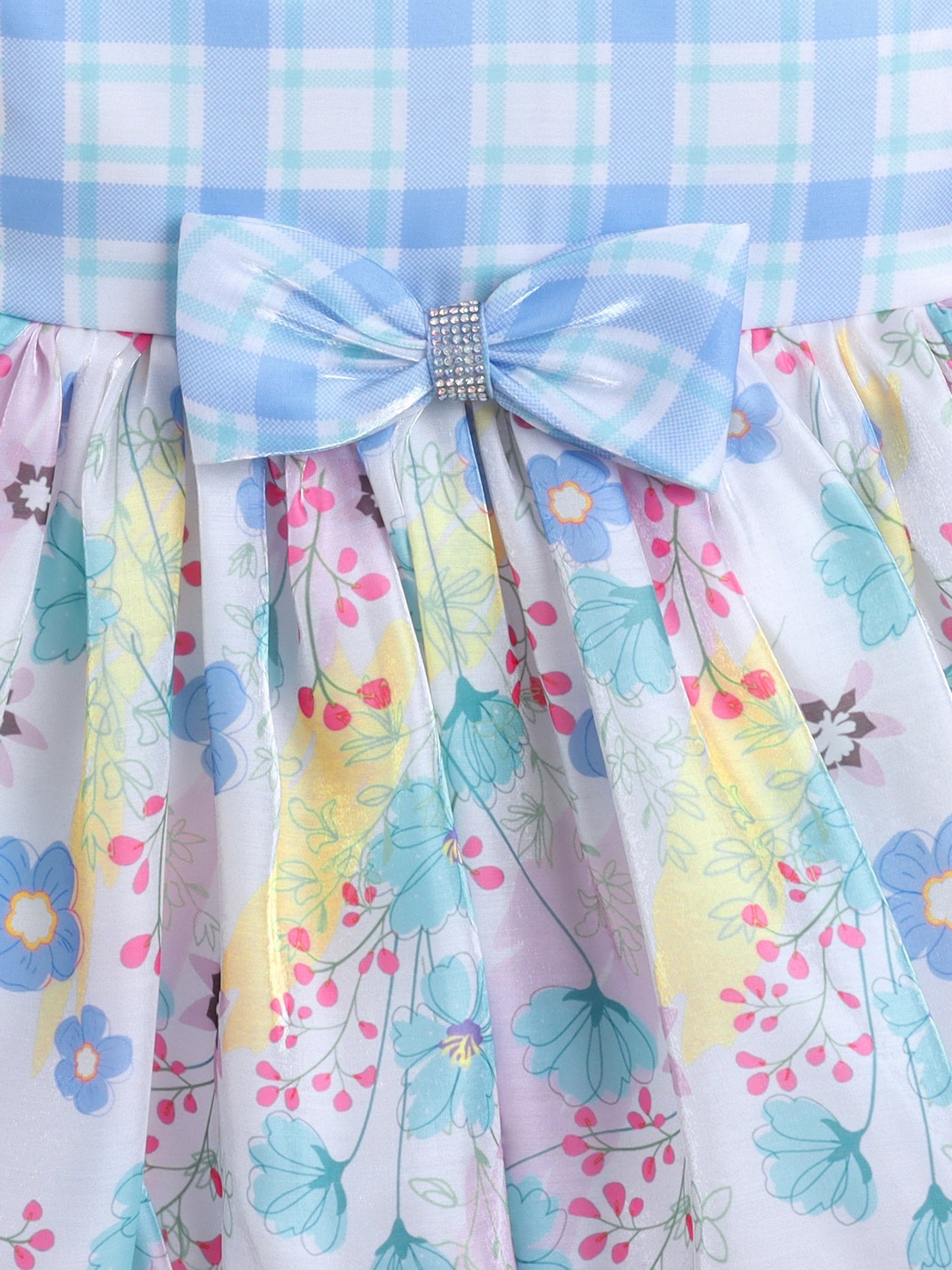 Sleeveless Bow Applique Floral Printed Dress - Blue