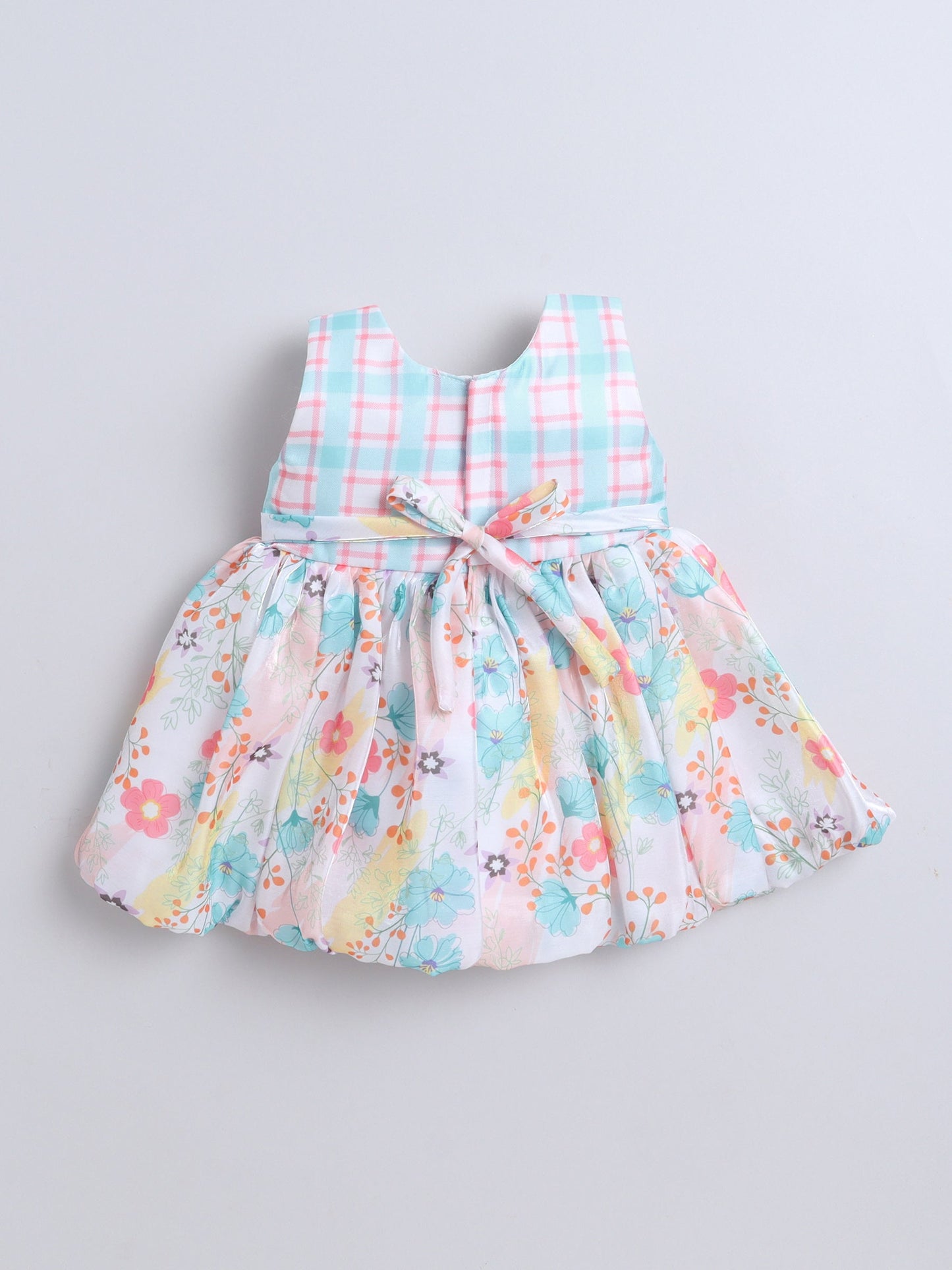 Sleeveless Bow Applique Floral Printed Dress - Aqua Blue