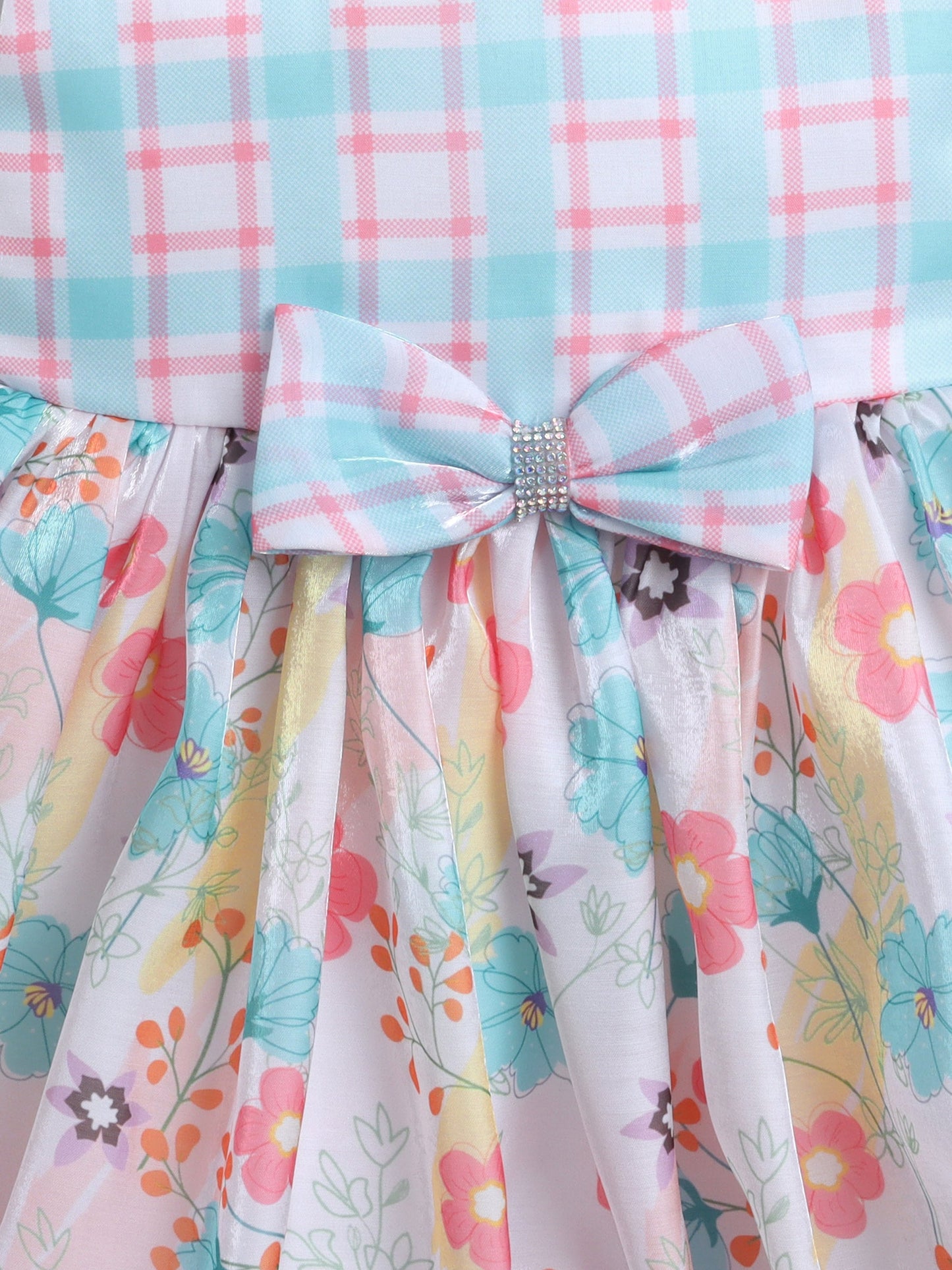 Sleeveless Bow Applique Floral Printed Dress - Aqua Blue