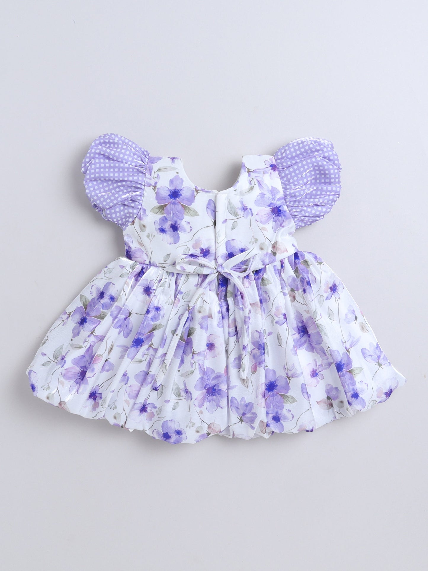 Half Sleeves Floral Printed Bow Applique Dress - Purple