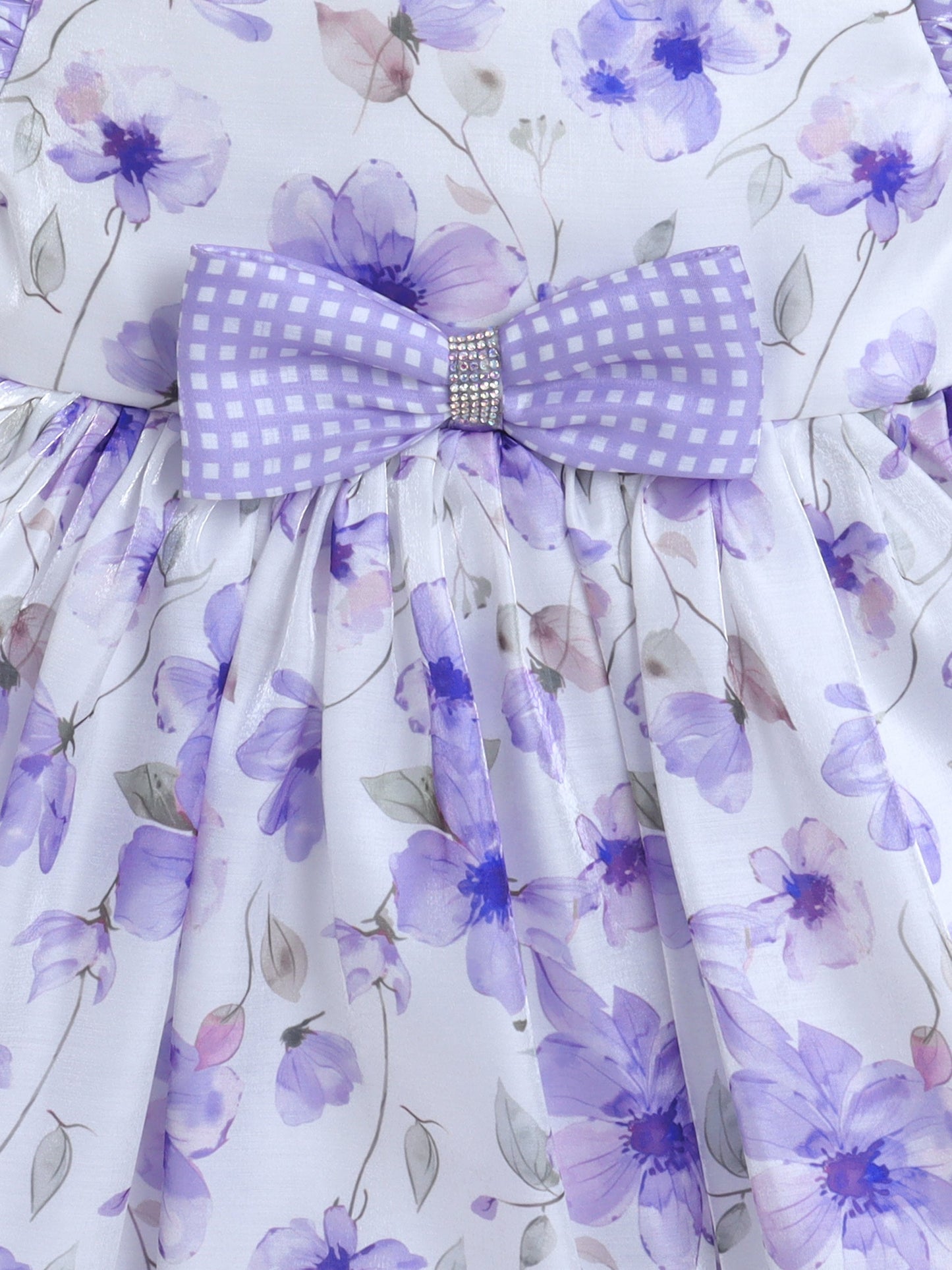 Half Sleeves Floral Printed Bow Applique Dress - Purple