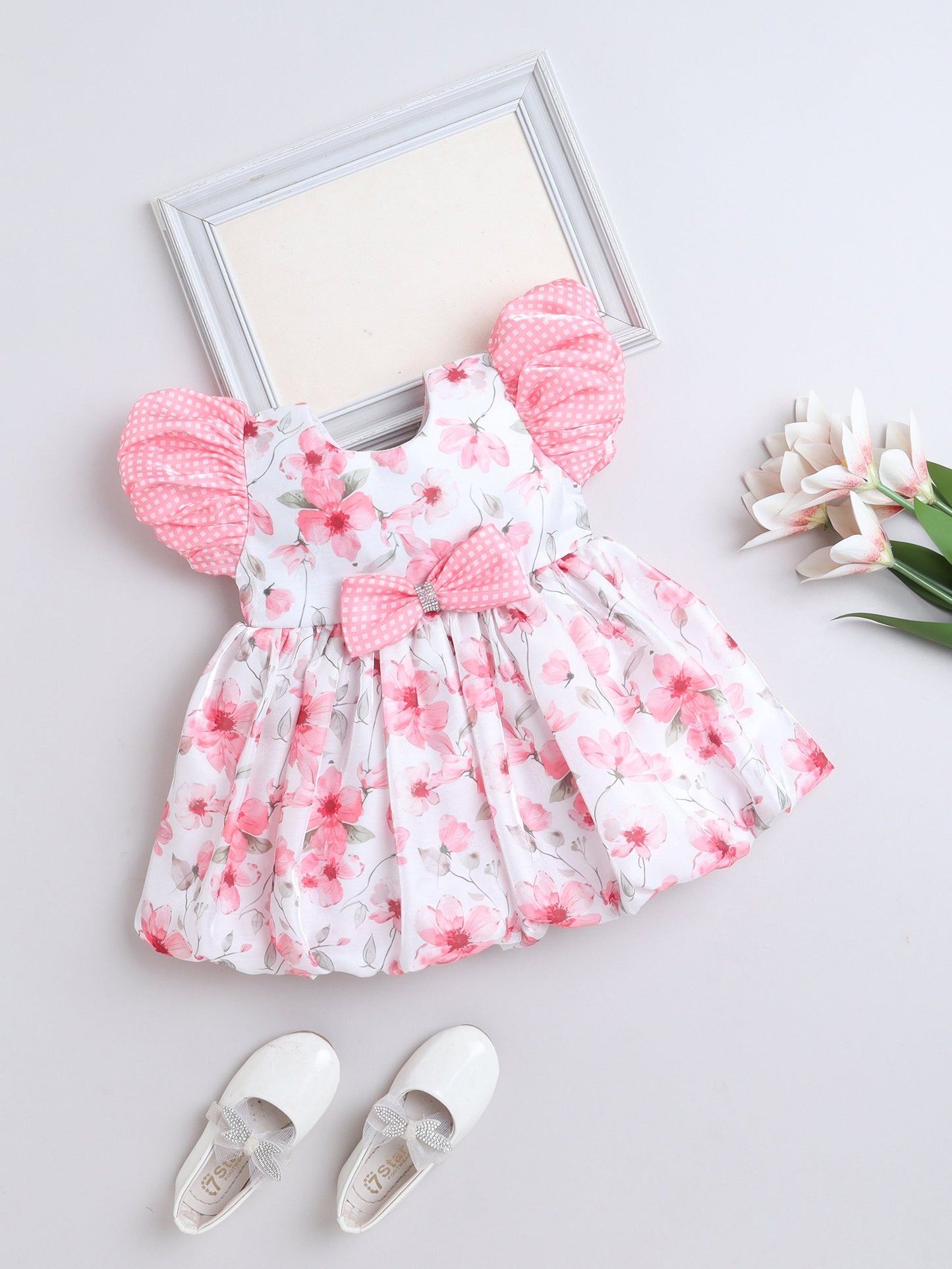 Half Sleeves Floral Printed Bow Applique Dress - Peach