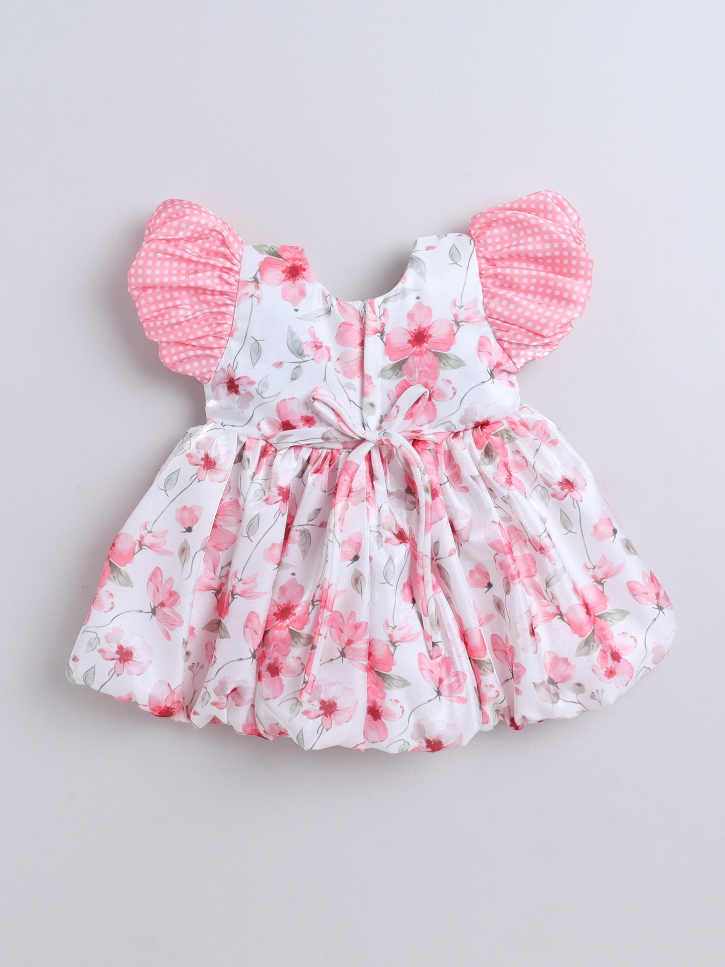 Half Sleeves Floral Printed Bow Applique Dress - Peach