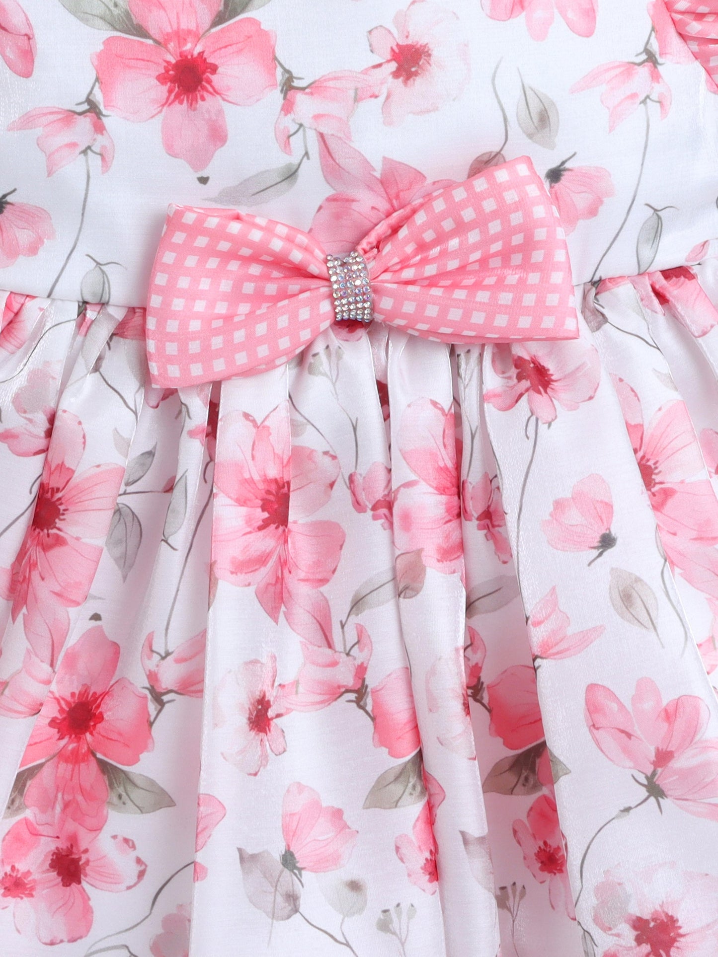 Half Sleeves Floral Printed Bow Applique Dress - Peach