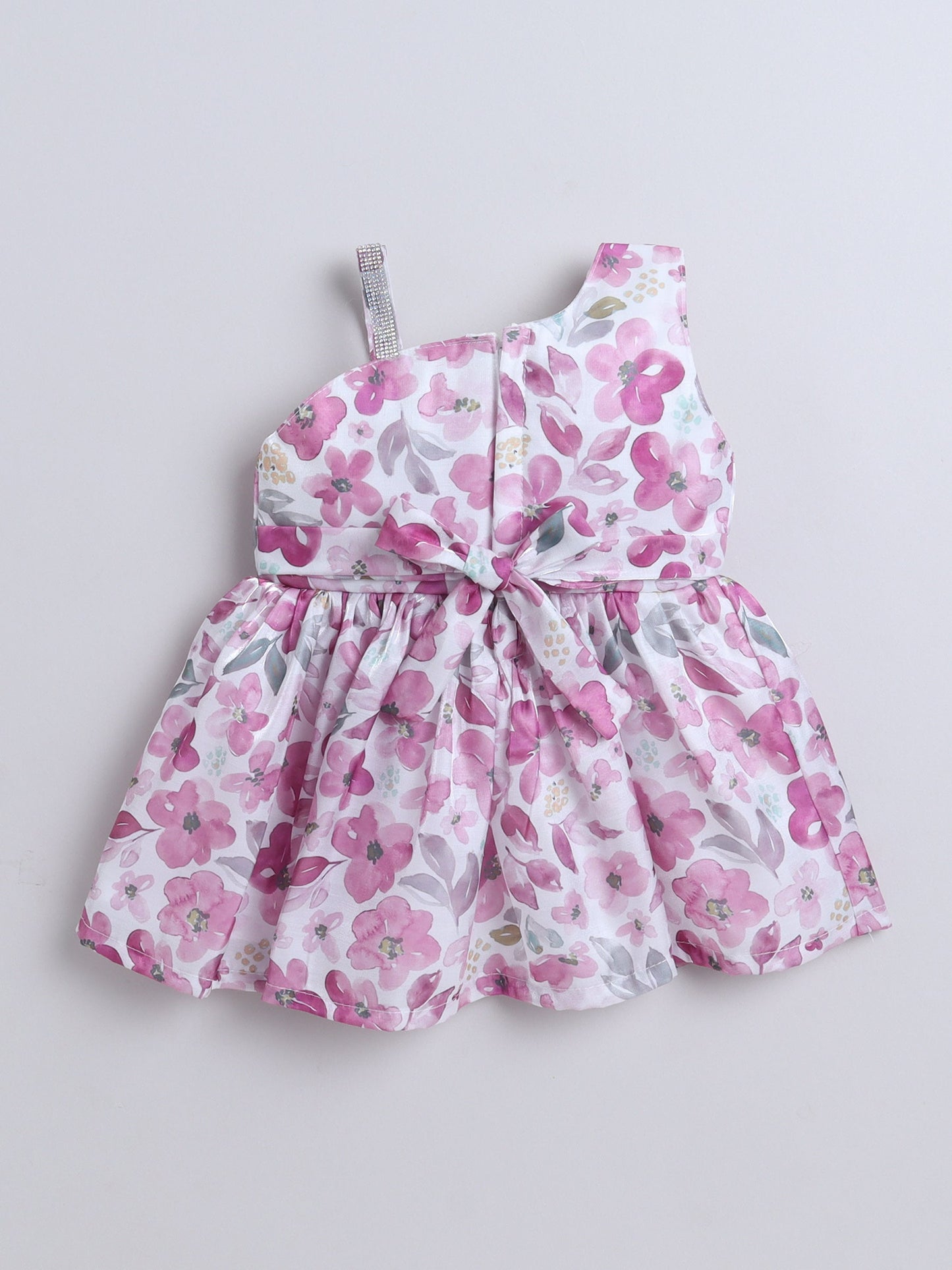 One Shoulder Floral Printed Bow Applique Dress - Wine