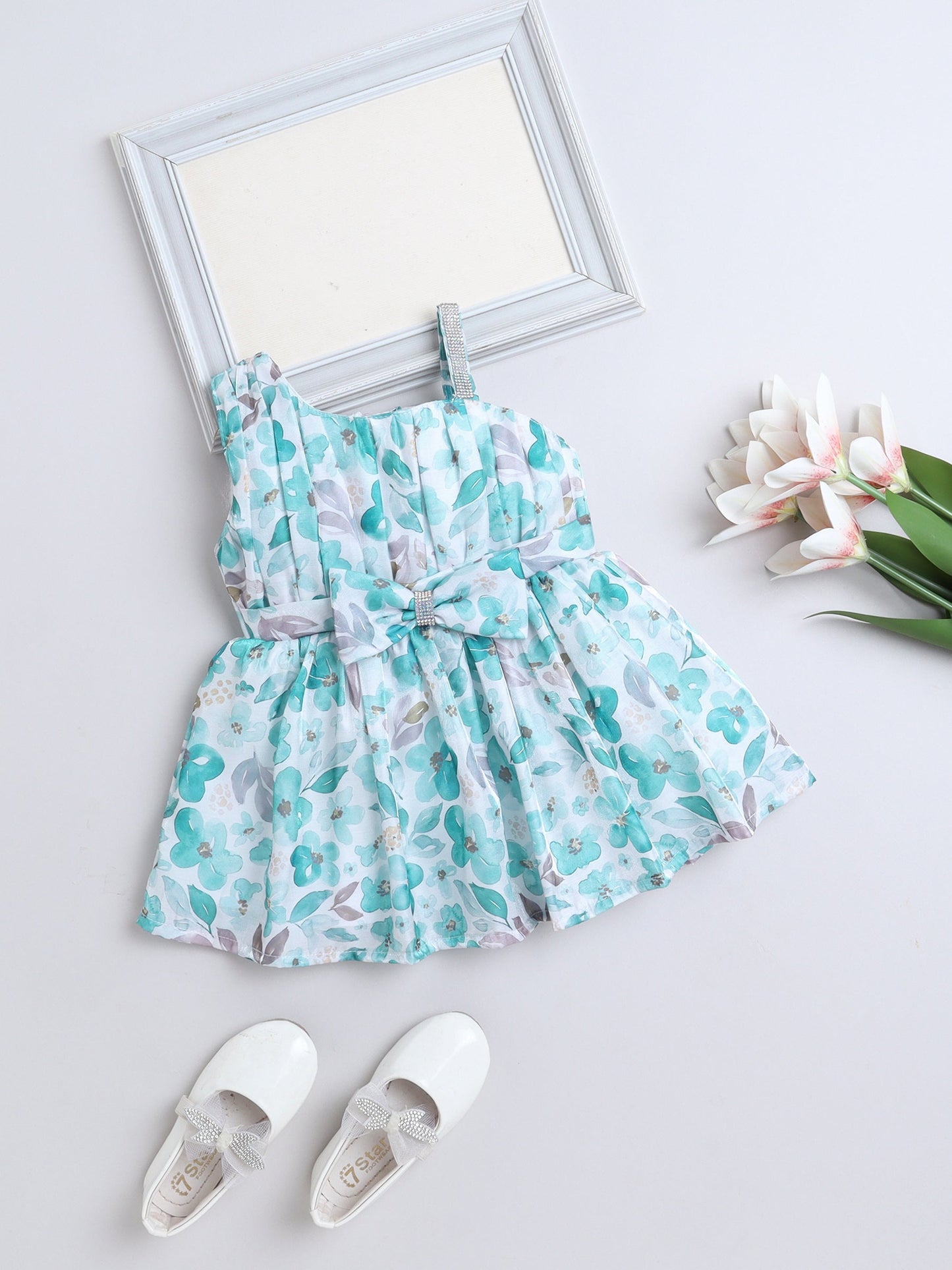 One Shoulder Floral Printed Bow Applique Dress - Teal Blue