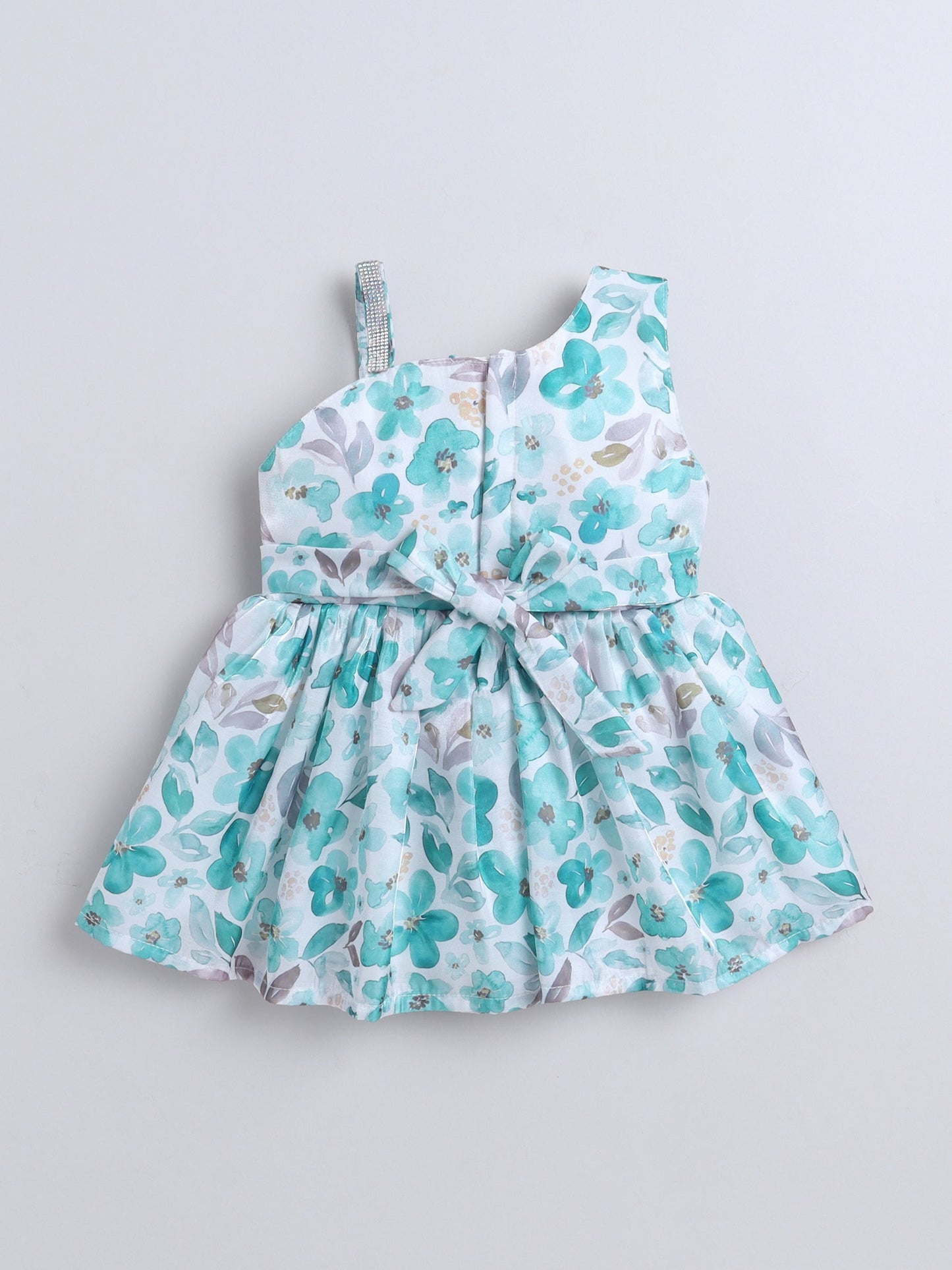One Shoulder Floral Printed Bow Applique Dress - Teal Blue