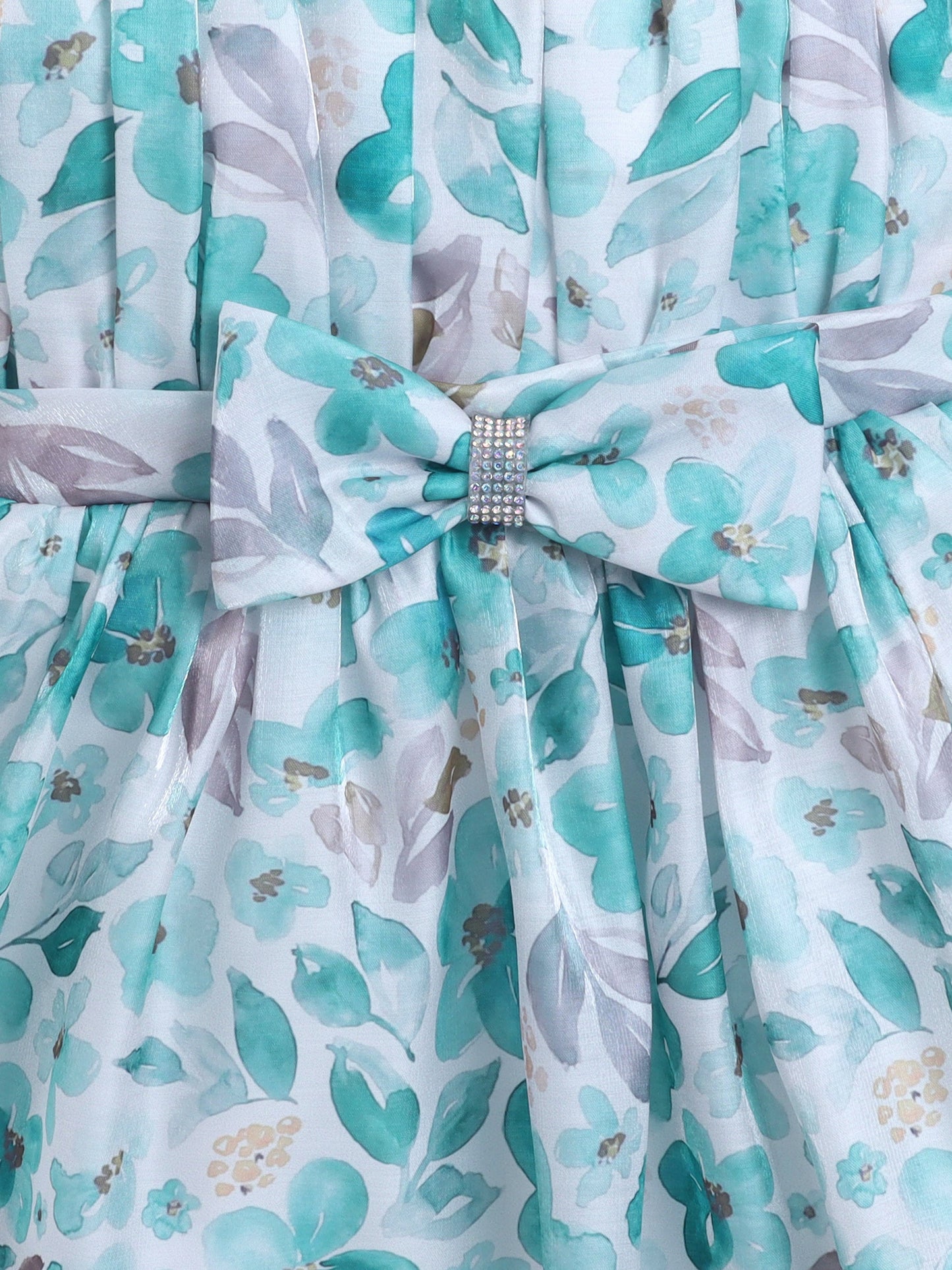 One Shoulder Floral Printed Bow Applique Dress - Teal Blue