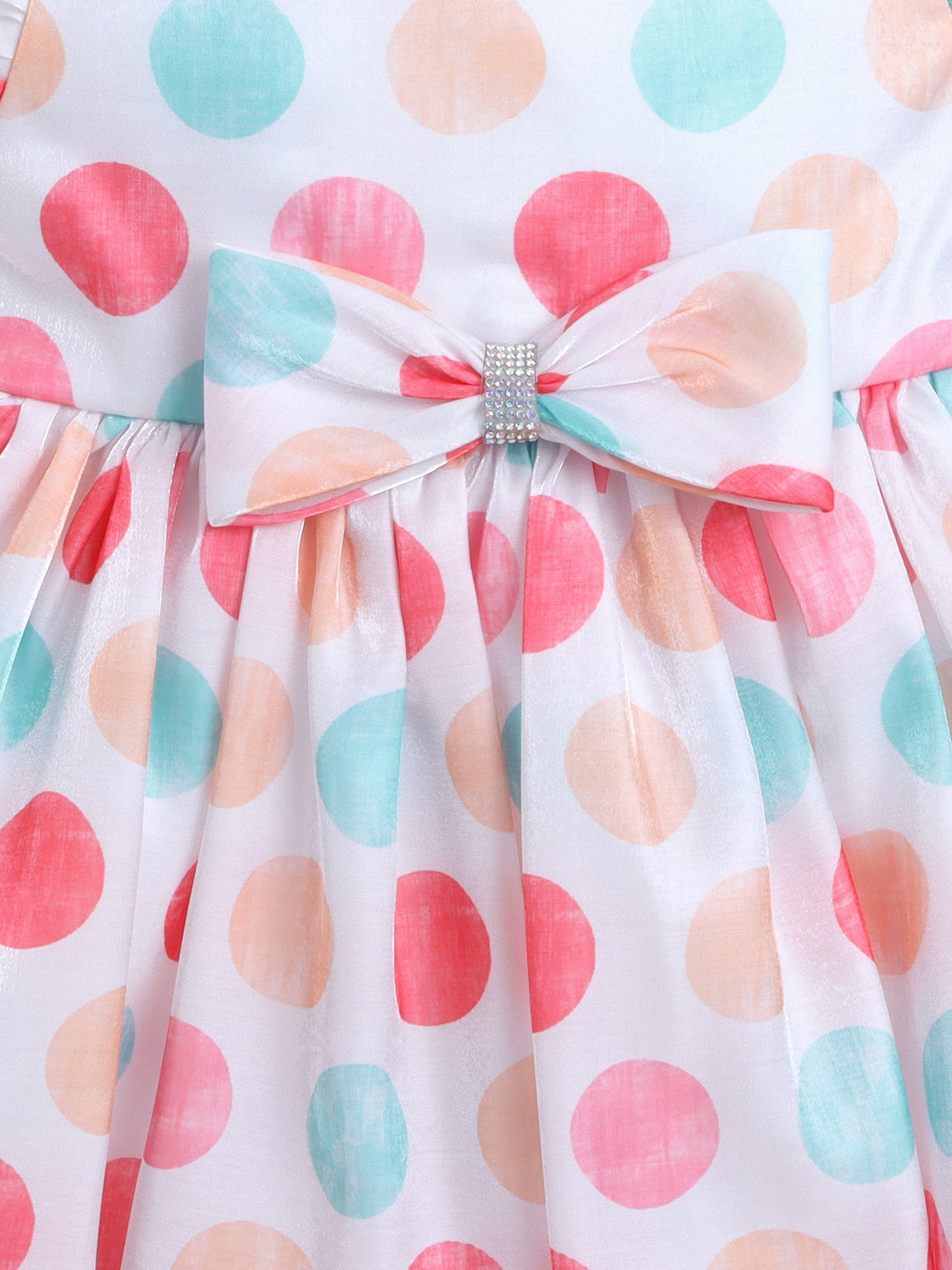 Knee Length Polka Digital Printed Balloon Hem & Sleeves Party Dress - Off White