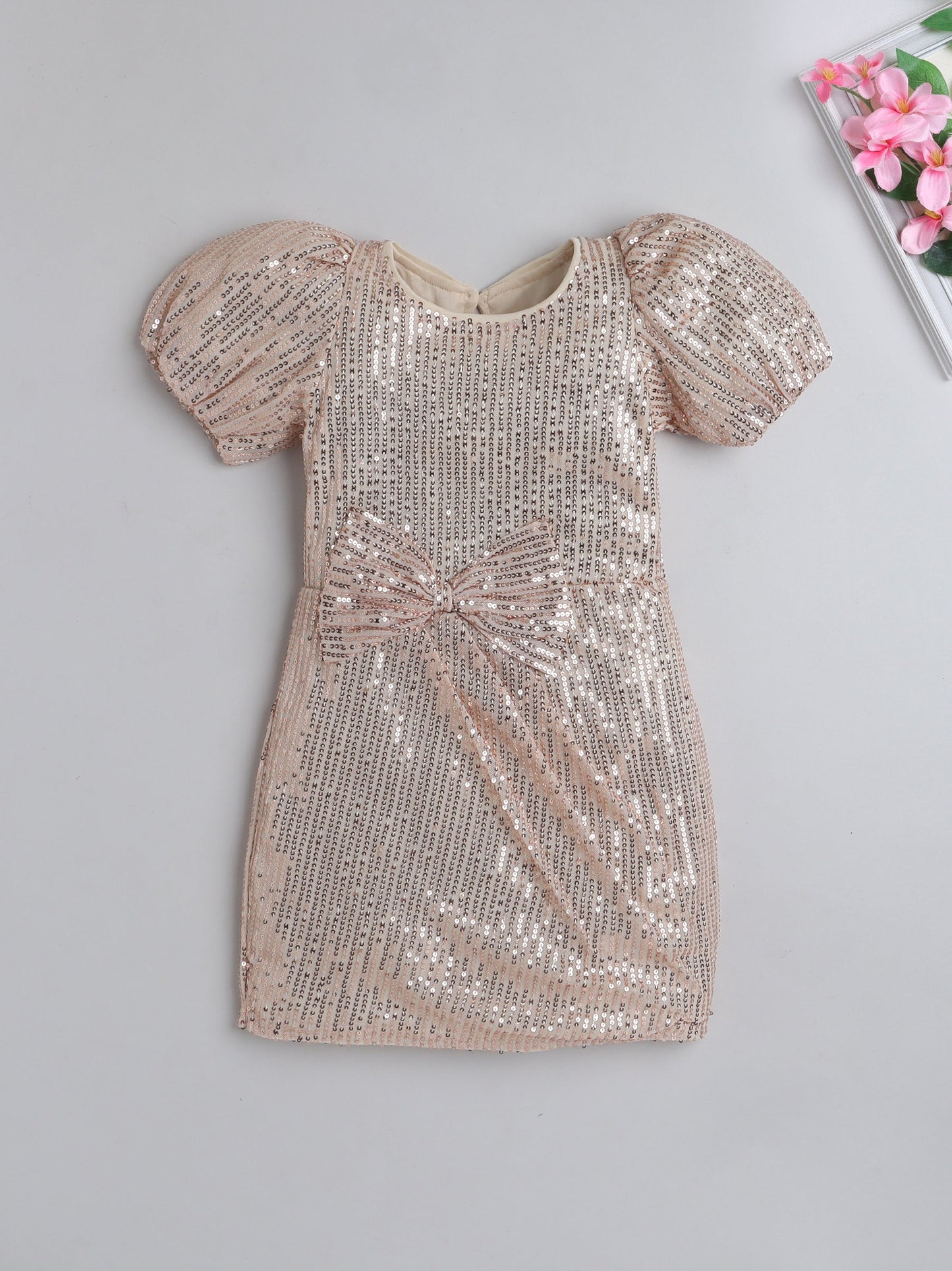 Half Sleeve Sequins-& Bow Embelsihed Party Dress - Beige