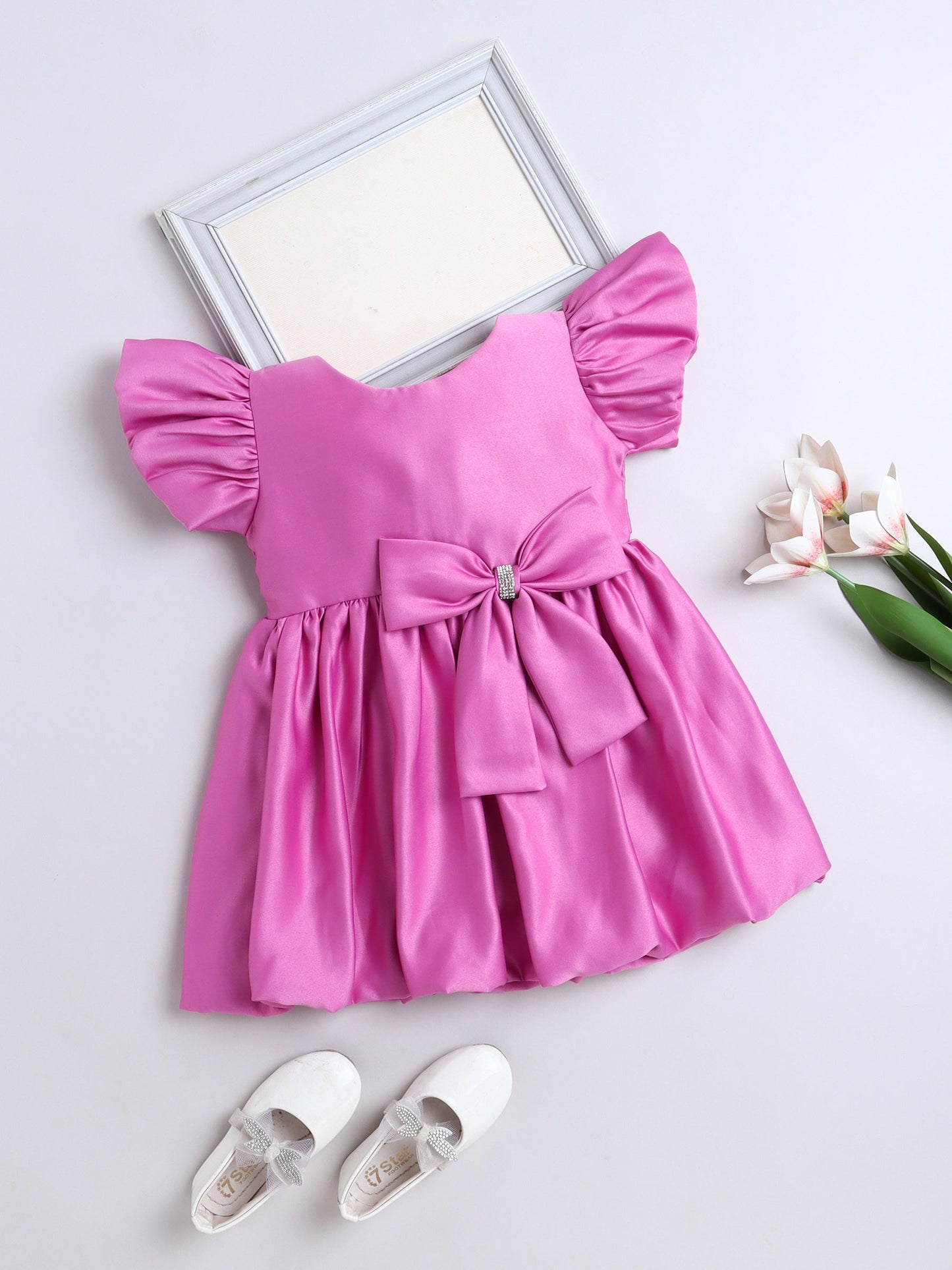The Magic Wand Puff Sleeve with Bow Applique Fit & Flared Party Dress Pink