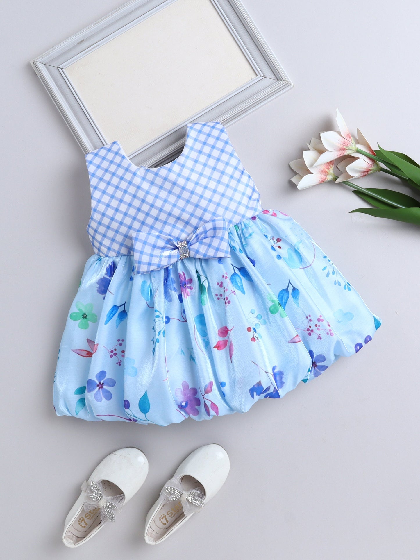 The Magic Wand Sleeveless Bow Applique Floral Printed Dress- Blue
