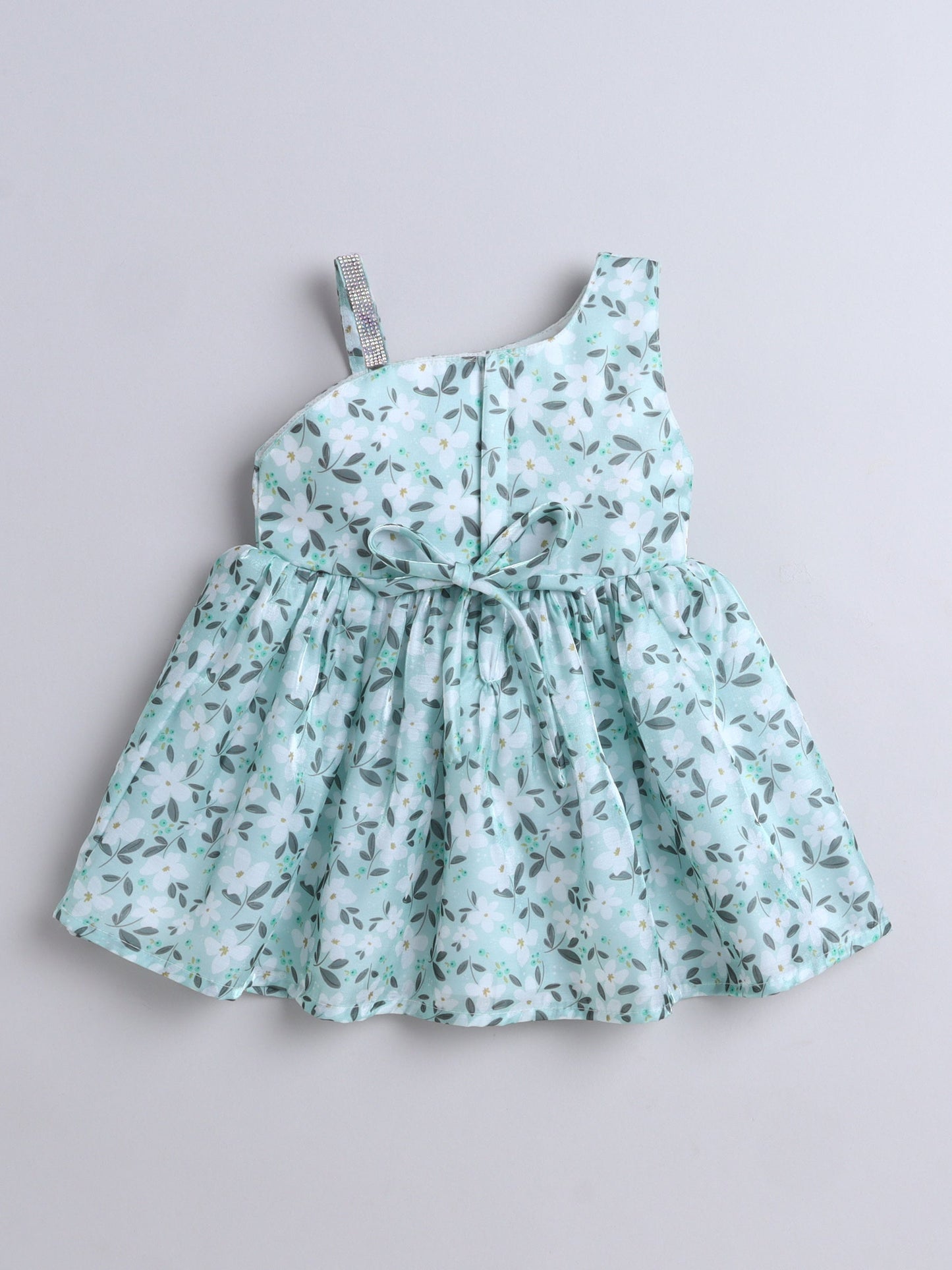 The Magic Wand One Shoulder Bow Applique Floral Printed Dress - Teal