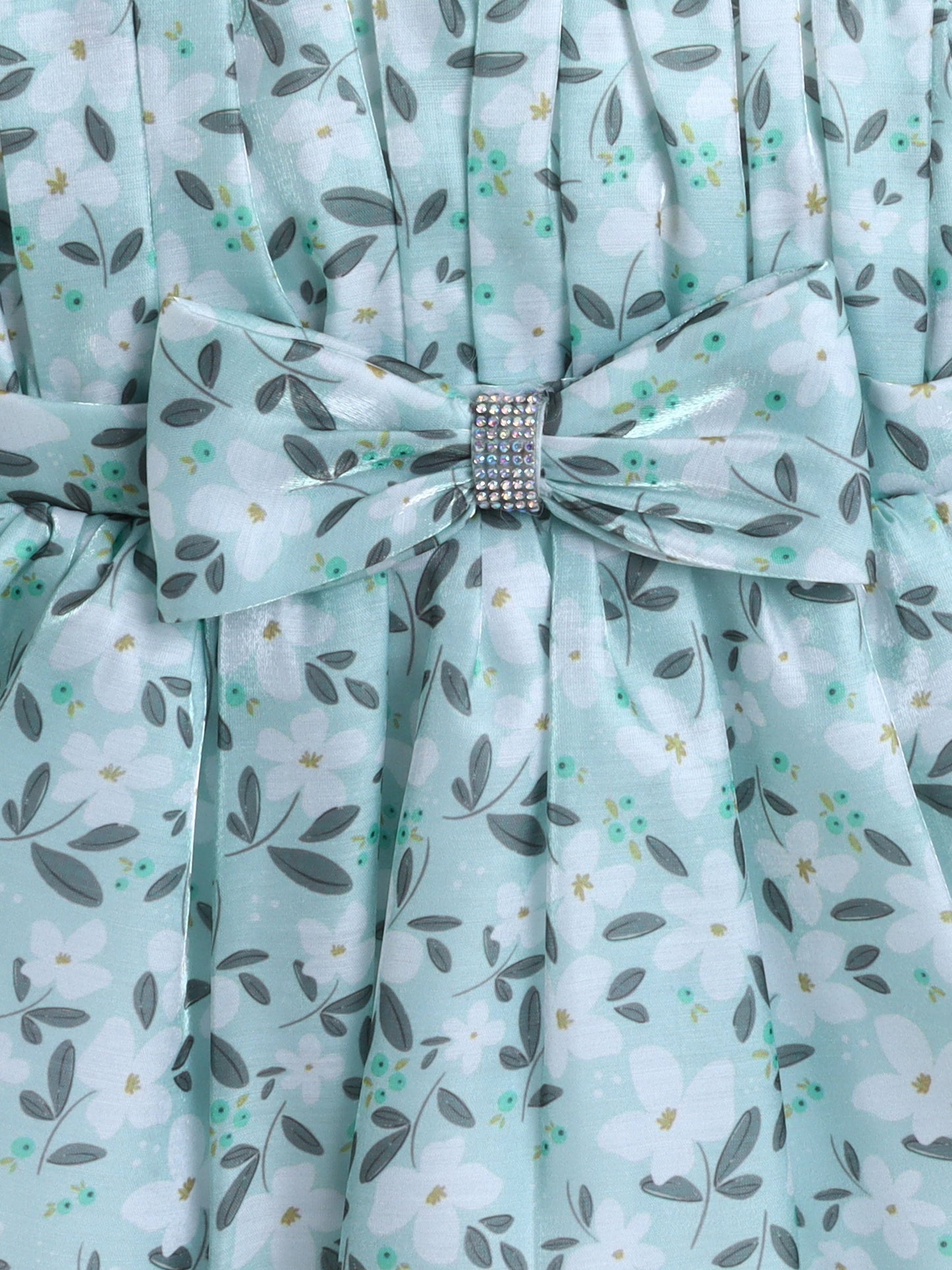 One Shoulder Bow Applique Floral Printed Dress - Teal