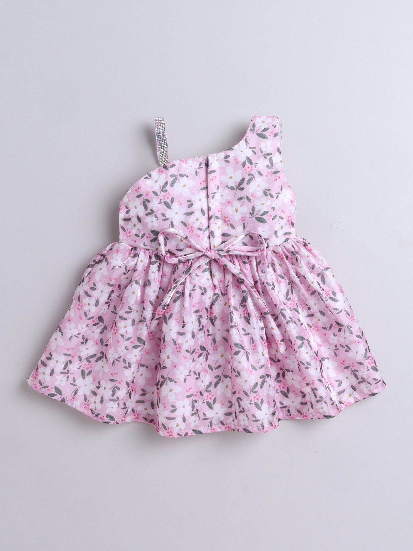 The Magic Wand One Shoulder Bow Applique Floral Printed Dress - Pink
