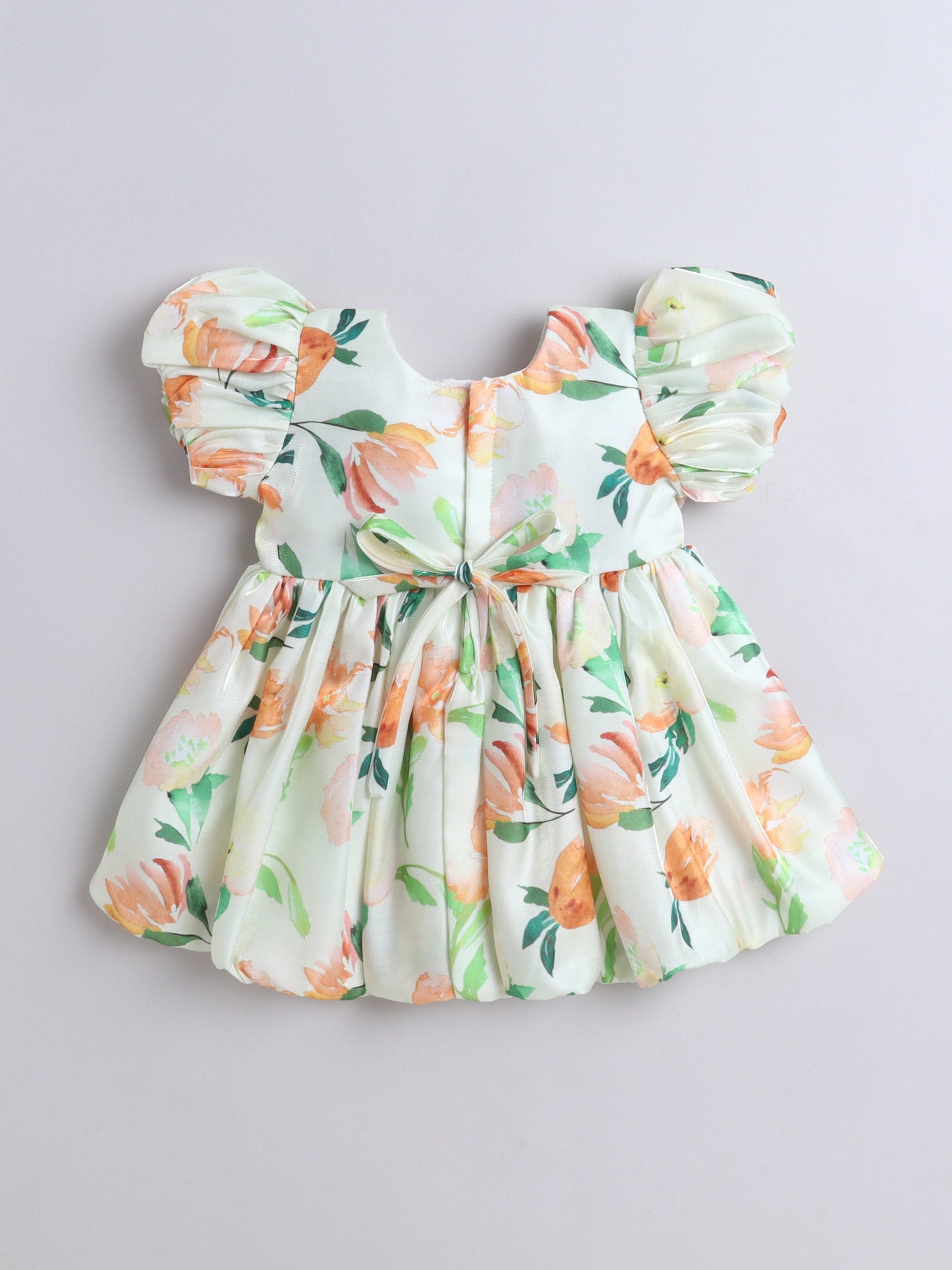 The Magic Wand Puff Sleeves Bow Applique Floral Printed Dress - Green