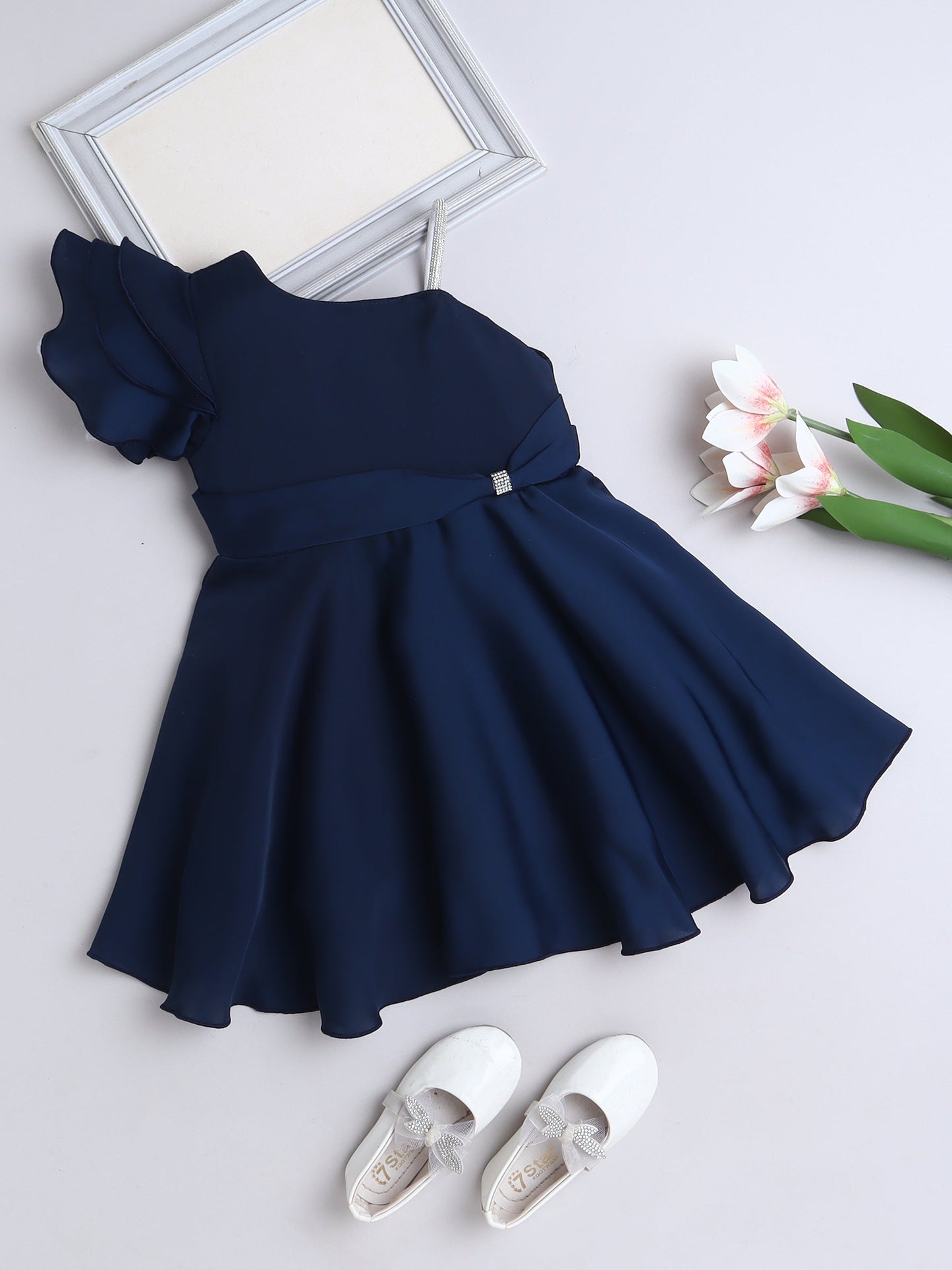 The Magic Wand Solid One Shoulder Party Dress -Navy Blue