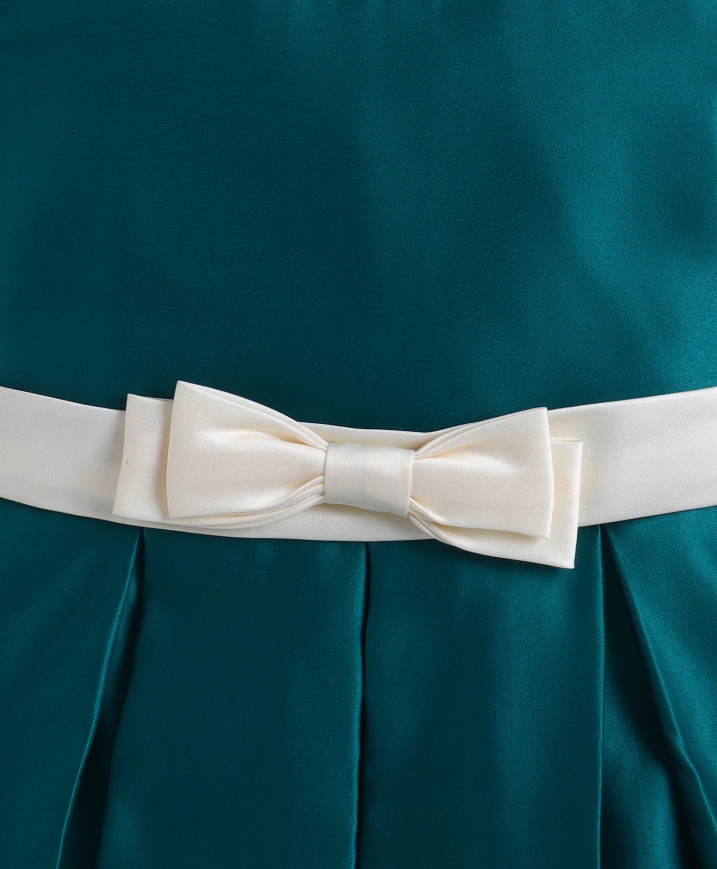 The Magic Wand Woven Puff Sleeves Colourblocked Pleated Party Dress With Bow - Dark Green