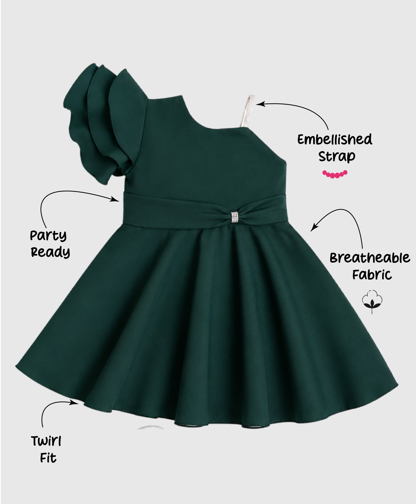 The Magic Wand Woven One Shoulder Embellished Strap Solid Party Dress - Bottle Green