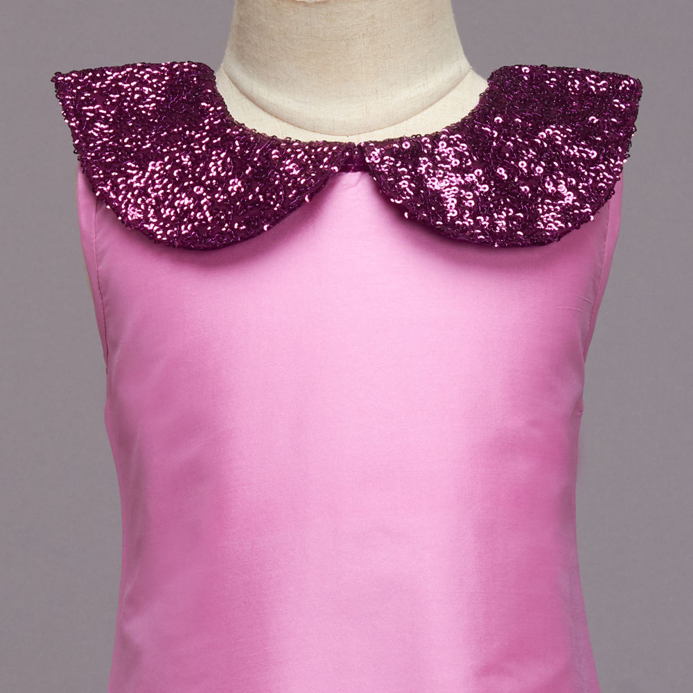 The Magic Wand Sequins Peter Pan Collar Sleeveless Party Wear Dress Frock With Net Ruffles For Girls - Pink