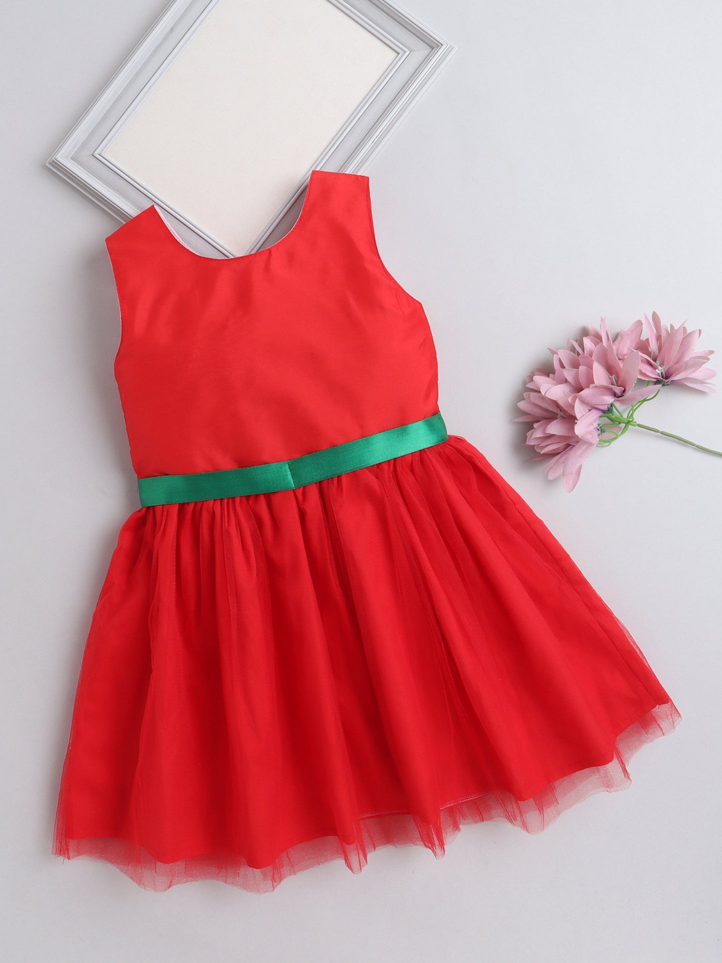 The Magic Wand Solid Sleeveless Party Wear Dress With Contrast Lace Band Red