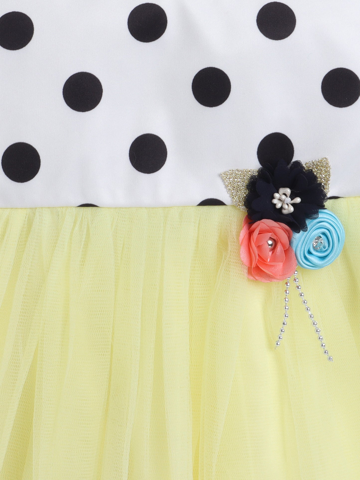 Sleeveless Polka Dots Printed Tiered Party Wear Dress With Floral Corsage White Yellow