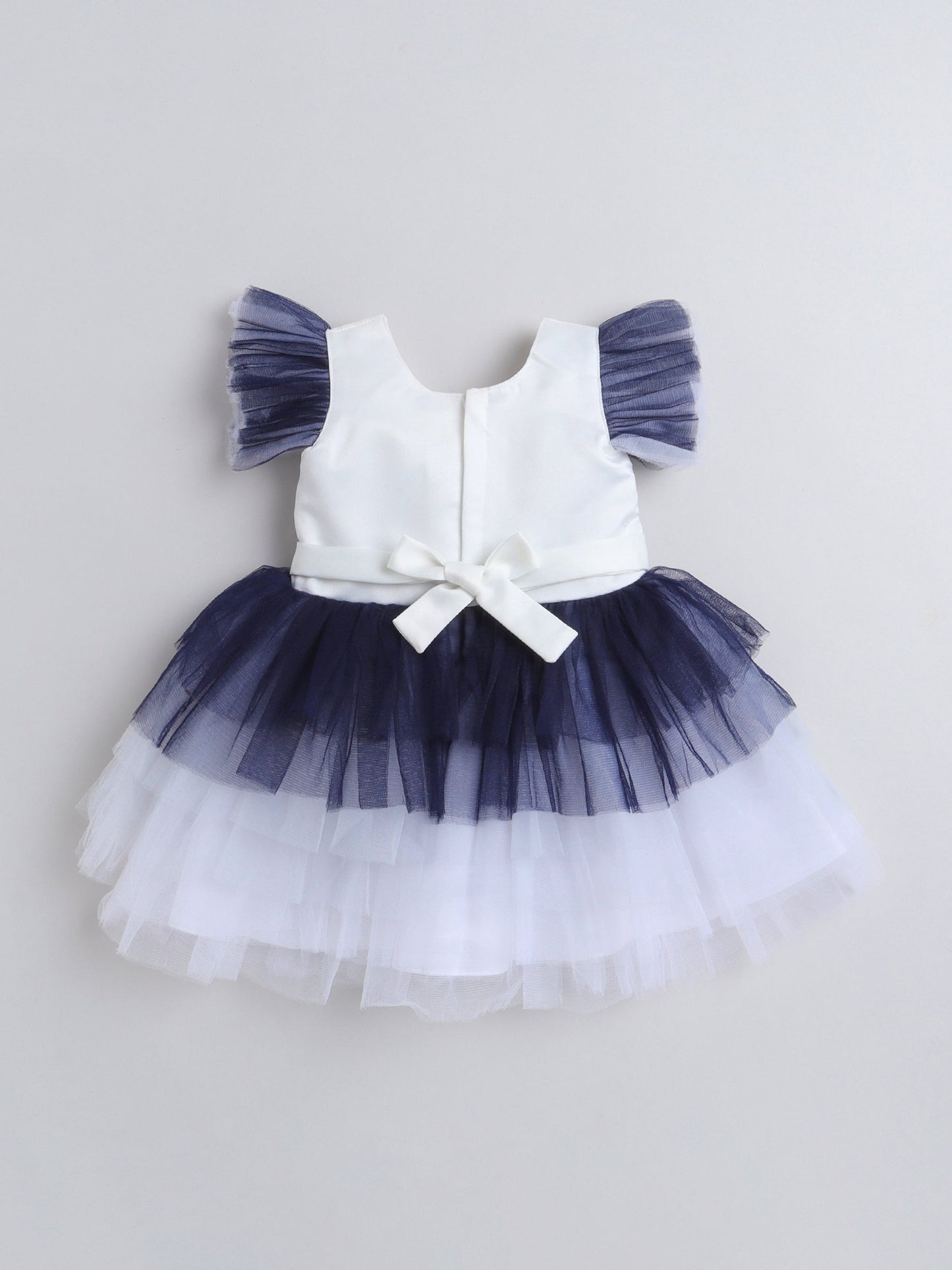 The Magic Wand Flutter Sleeves Pearls Embellished Ombre Detail Tiered Party Dress - Navy Blue
