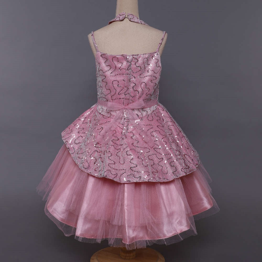 Cold Shoulder Style Sleeveless Floral Applique Sequin Embellished Shimmer Asymmetrical Bodice Tulle Fit & Flare Party Wear Dress Pink