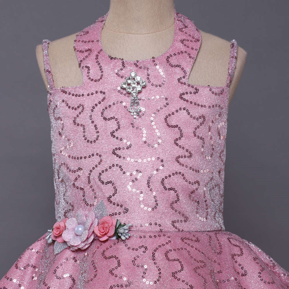 Cold Shoulder Style Sleeveless Floral Applique Sequin Embellished Shimmer Asymmetrical Bodice Tulle Fit & Flare Party Wear Dress Pink