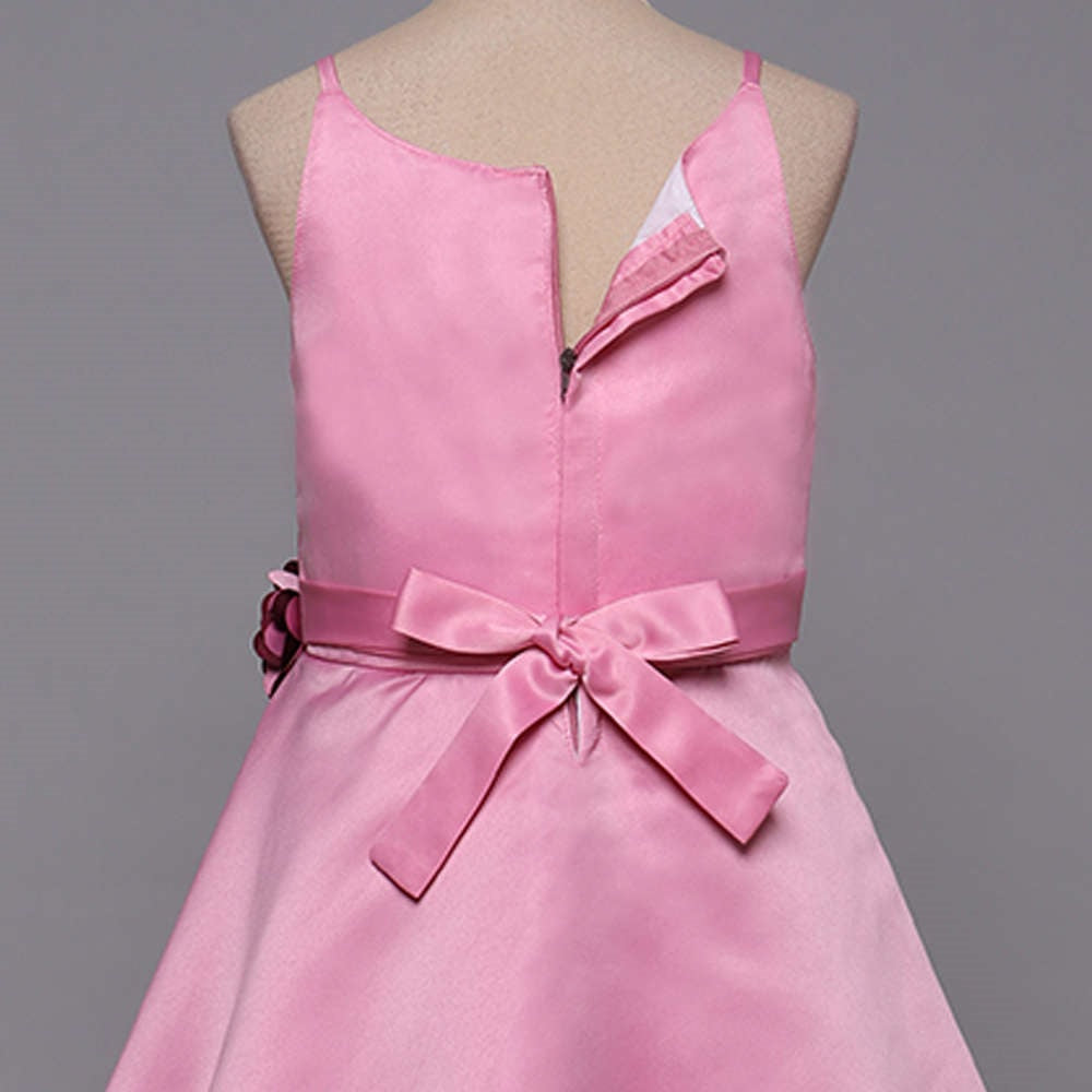 Sleeveless Floral Applique Detail Multi Layered High Low Gown Pink