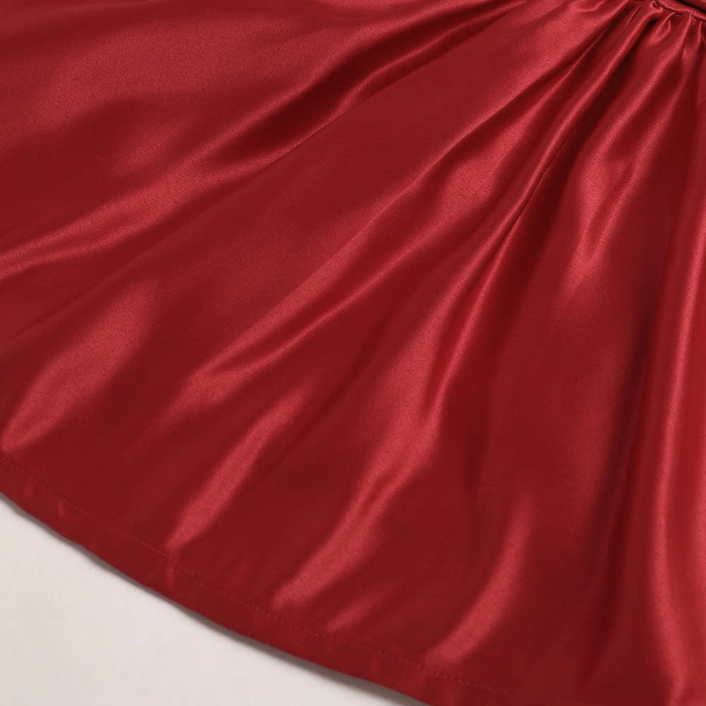 The Magic Wand Solid Satin Cap Sleeves Flower Embelished Party Dress For Girls With Bow Maroon
