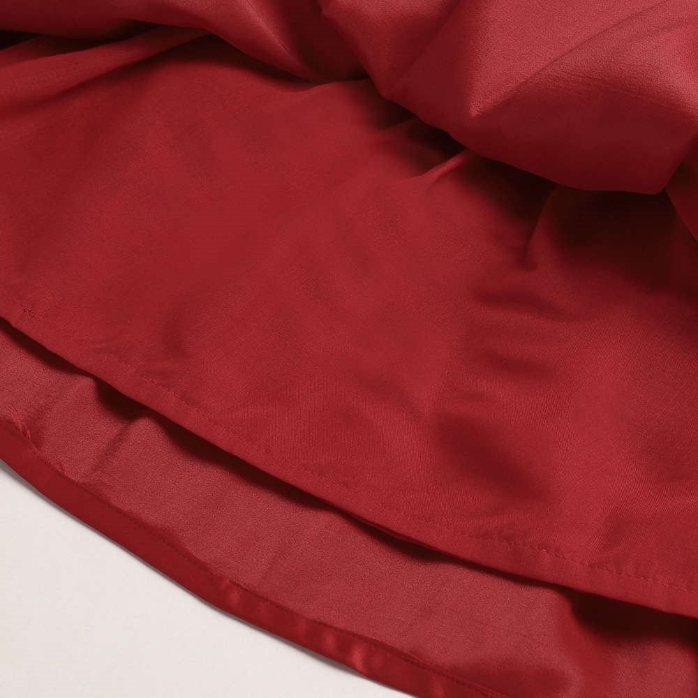 The Magic Wand Solid Satin Cap Sleeves Flower Embelished Party Dress For Girls With Bow Maroon